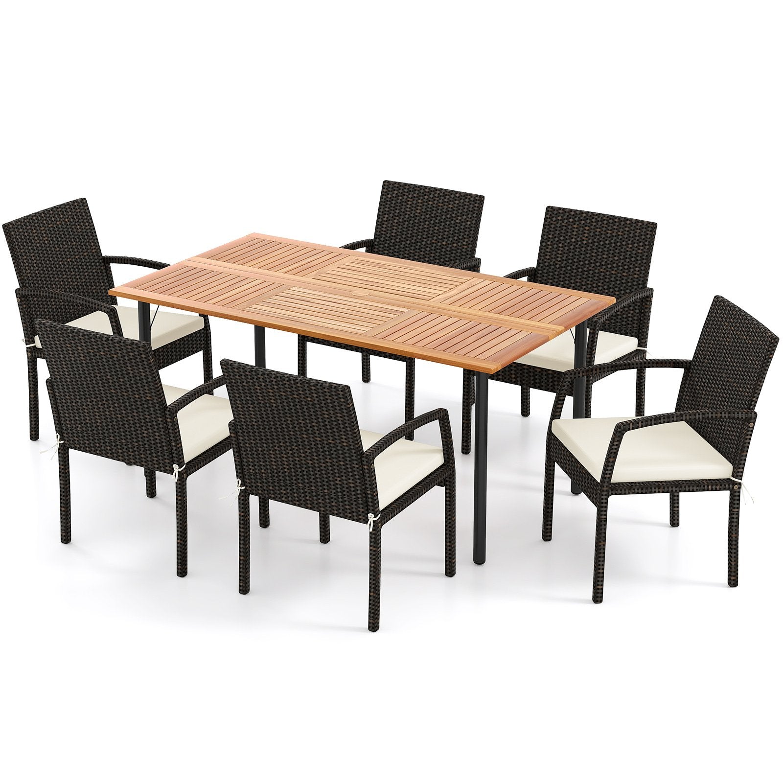 7 Pieces Outdoor Dining Set Acacia Wood Table with Umbrella Hole and Cushions, Off White Patio Dining Sets Off White at Gallery Canada