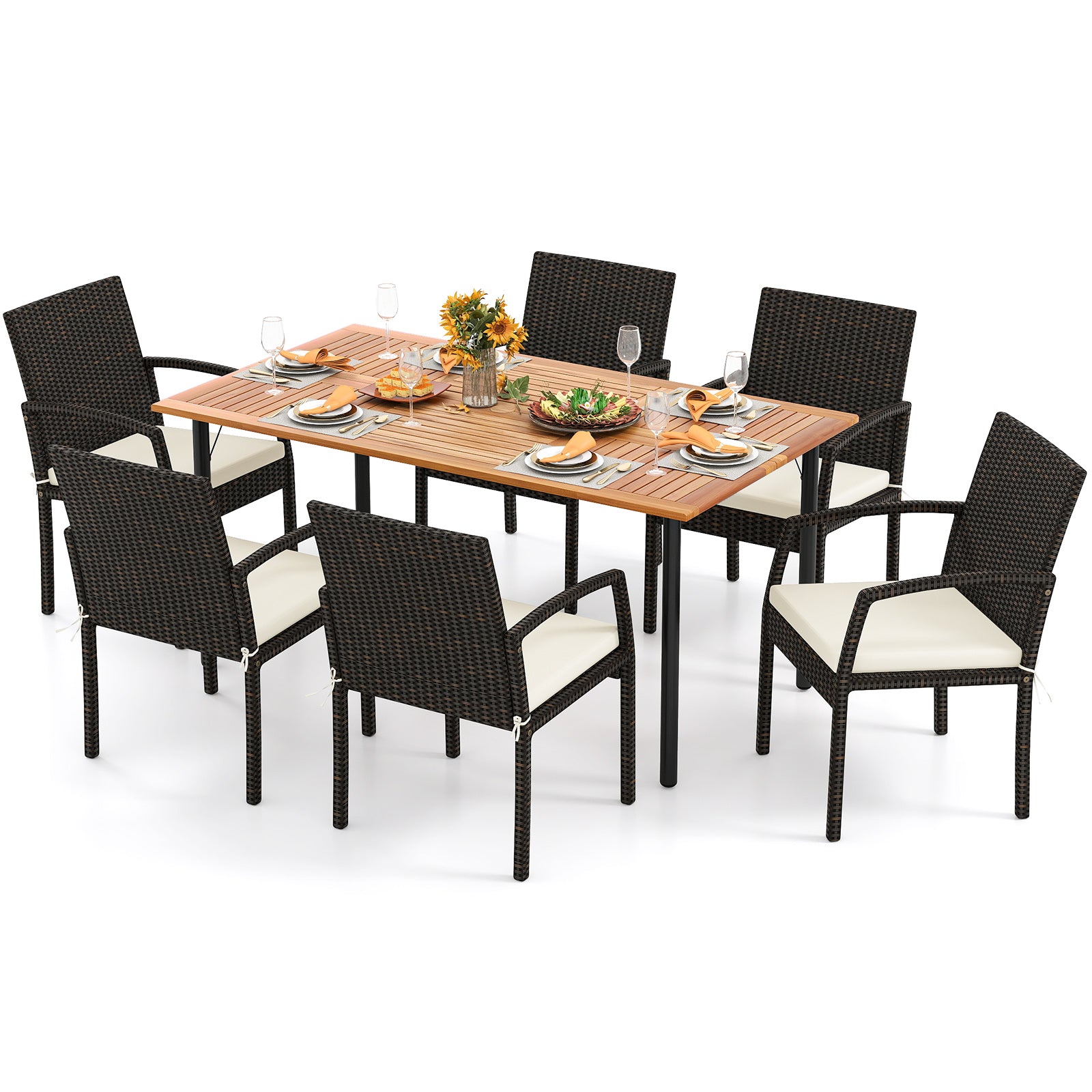 7 Pieces Outdoor Dining Set Acacia Wood Table with Umbrella Hole and Cushions, Off White Patio Dining Sets at Gallery Canada