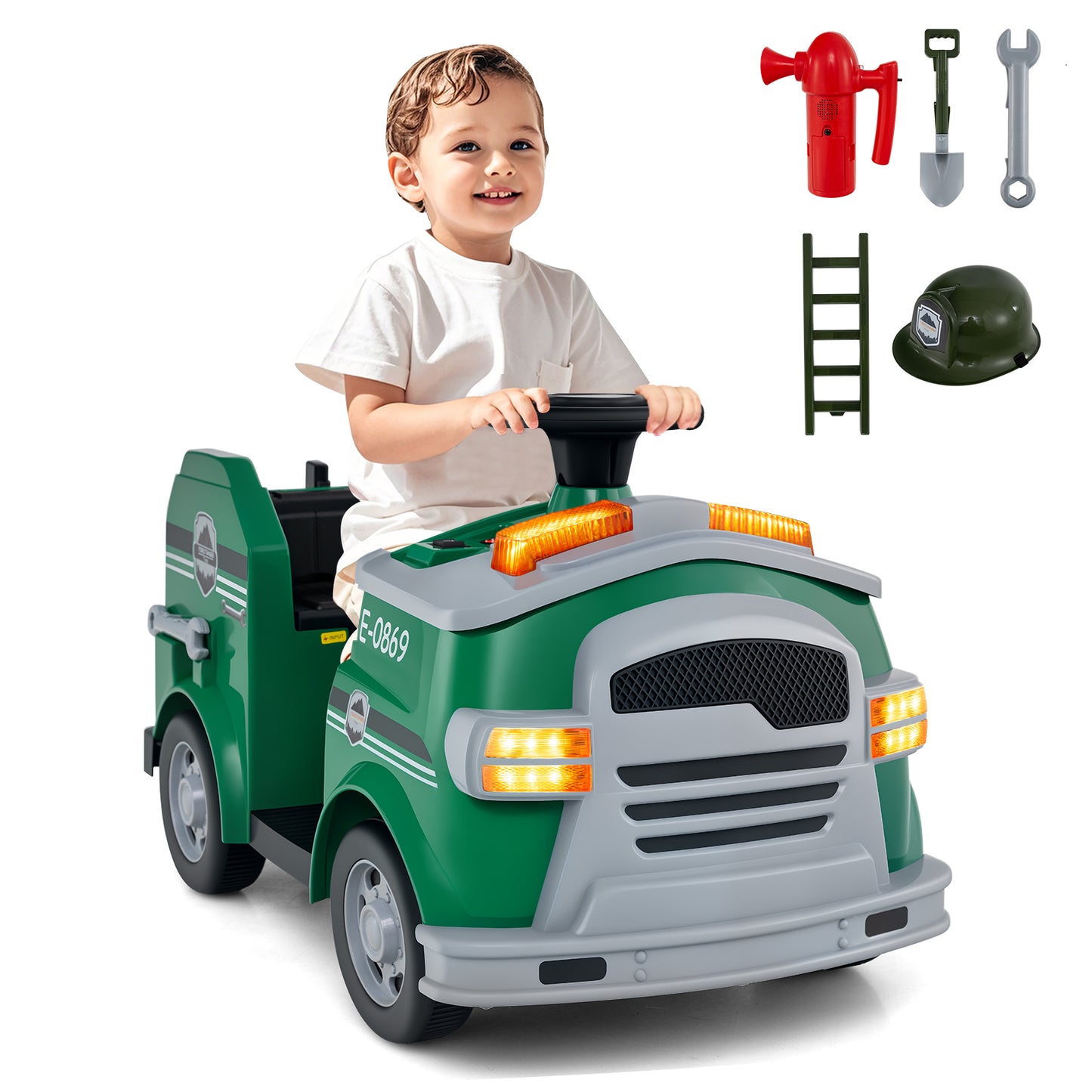 Toddler Fire Toy Car with Shovel and Wrench for Ages 37-95 Months, Green Powered Ride On Toys at Gallery Canada