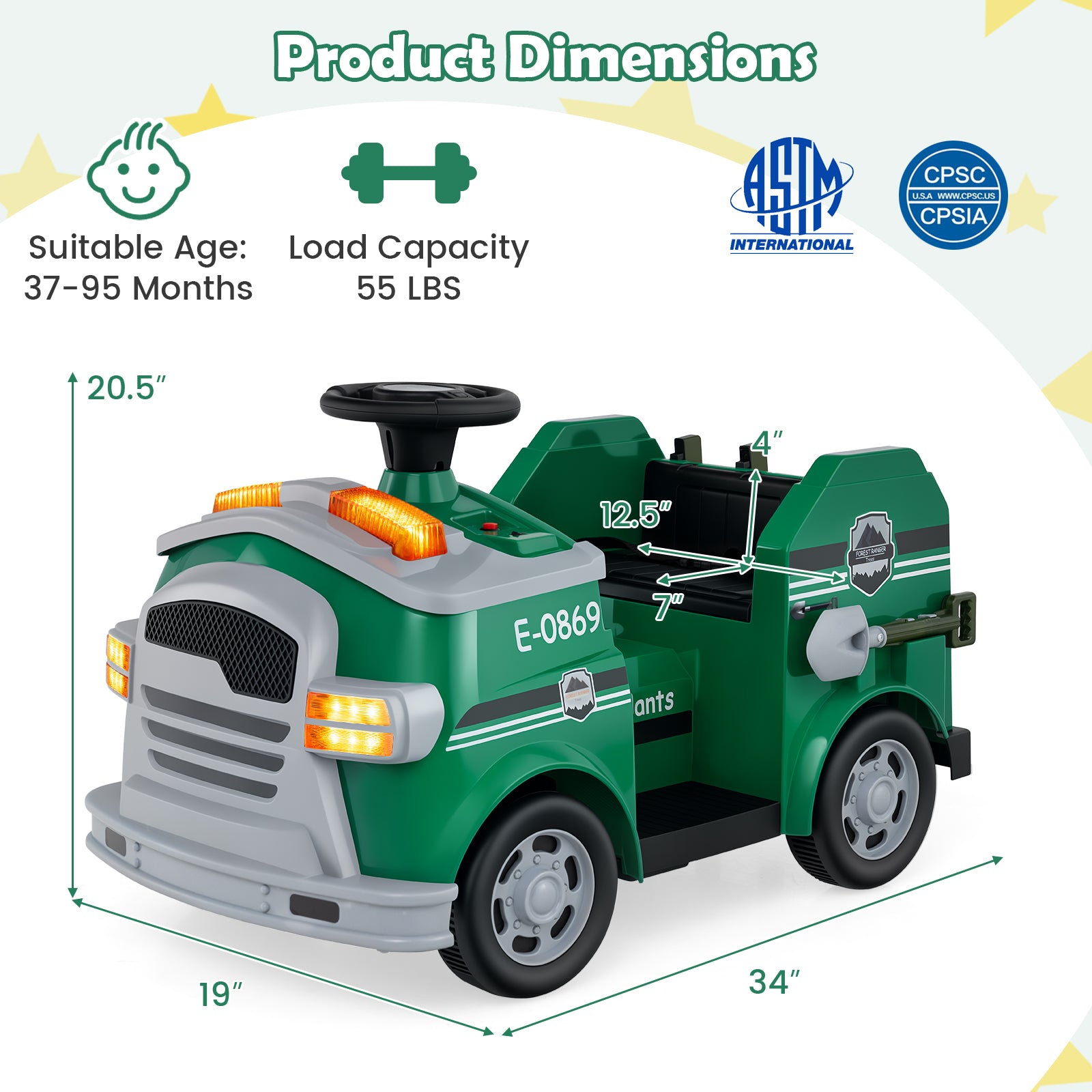 Toddler Fire Toy Car with Shovel and Wrench for Ages 37-95 Months, Green Powered Ride On Toys at Gallery Canada