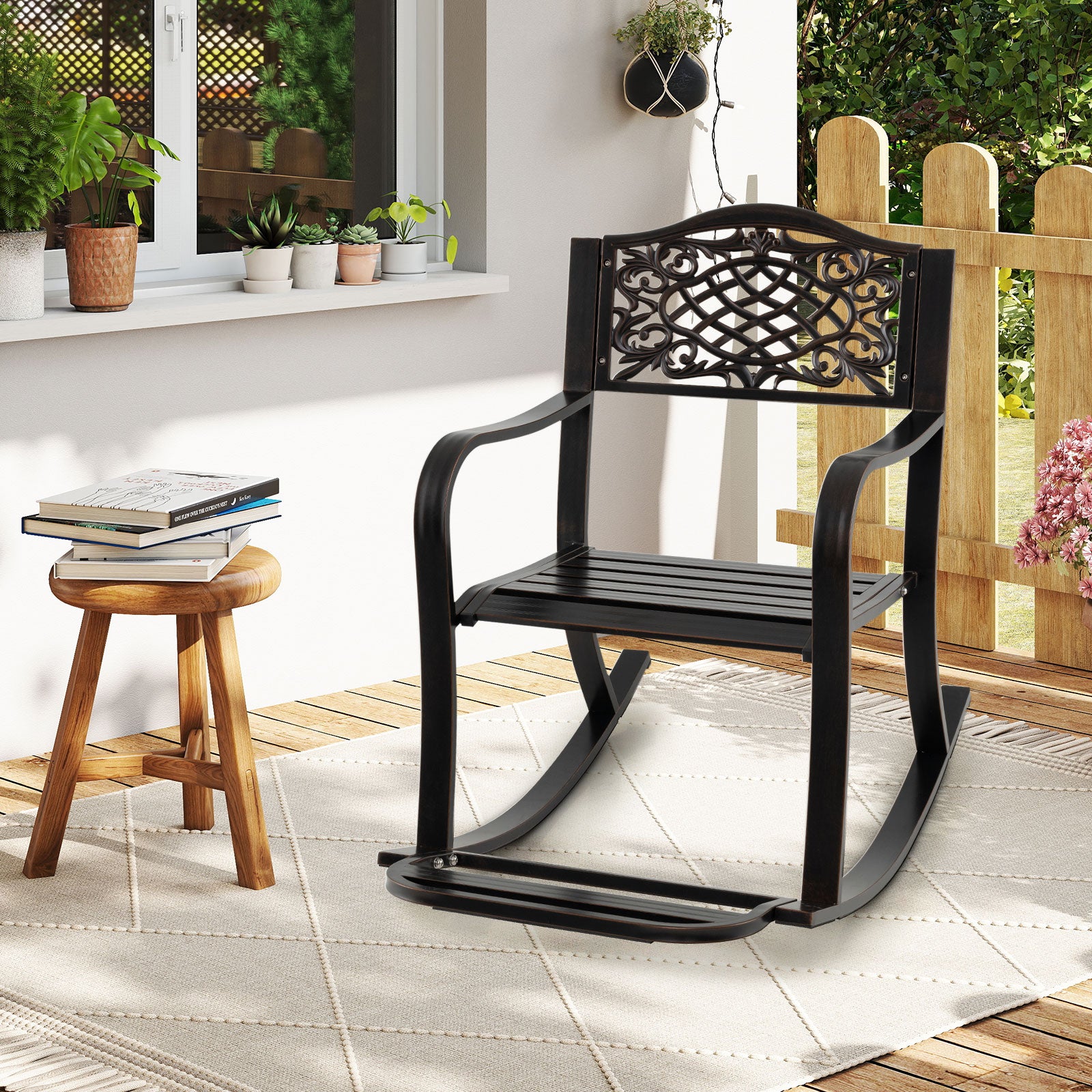 Patio Rocking Chair with Footrest and Curved Armrests, Brown Patio Rocking Chairs & Gliders at Gallery Canada