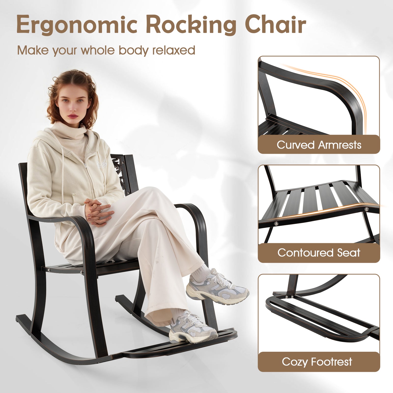 Patio Rocking Chair with Footrest and Curved Armrests, Brown Patio Rocking Chairs & Gliders at Gallery Canada