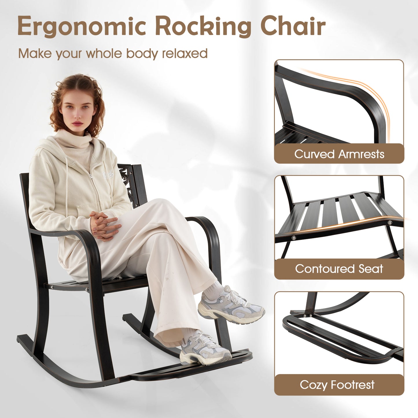 Patio Rocking Chair with Footrest and Curved Armrests, Brown Patio Rocking Chairs & Gliders at Gallery Canada