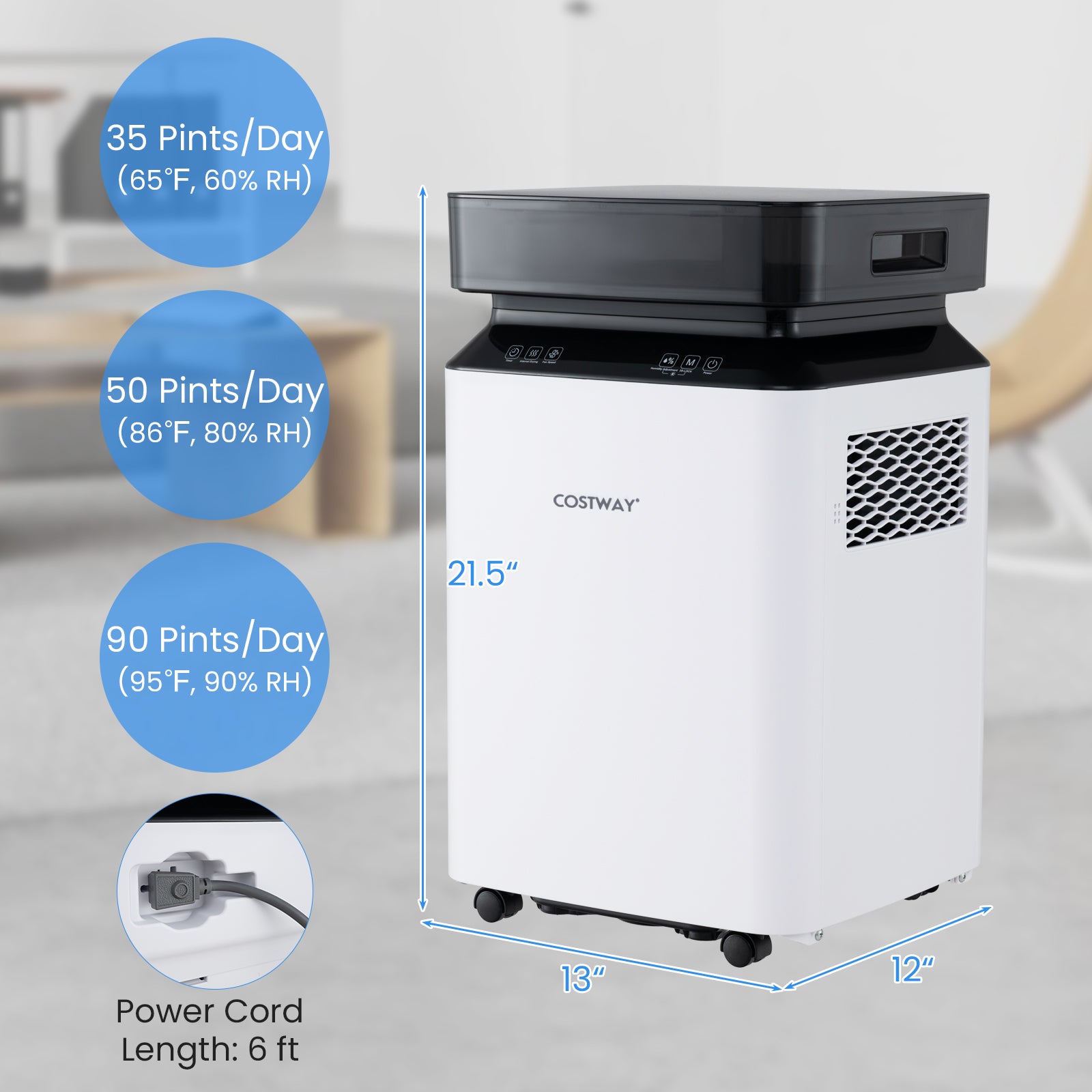 70/90 Pint 4500/6000 Sq. Ft Dehumidifier with Continuous and Auto Mode-90 Pints, White Dehumidifiers at Gallery Canada