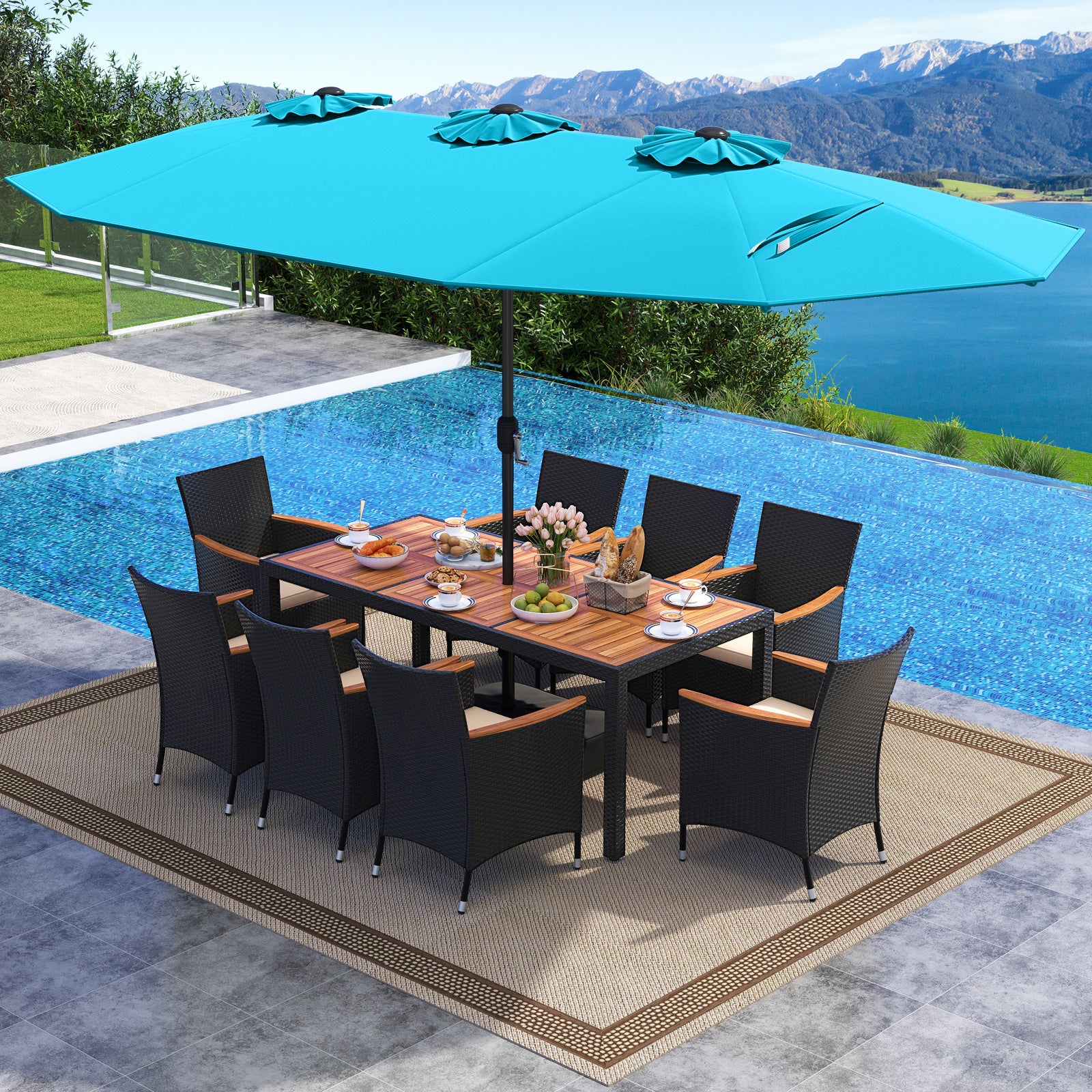 10 Piece Outdoor Dining Set with 15 Feet Double-Sided Twin Umbrella, Turquoise Patio Dining Sets at Gallery Canada