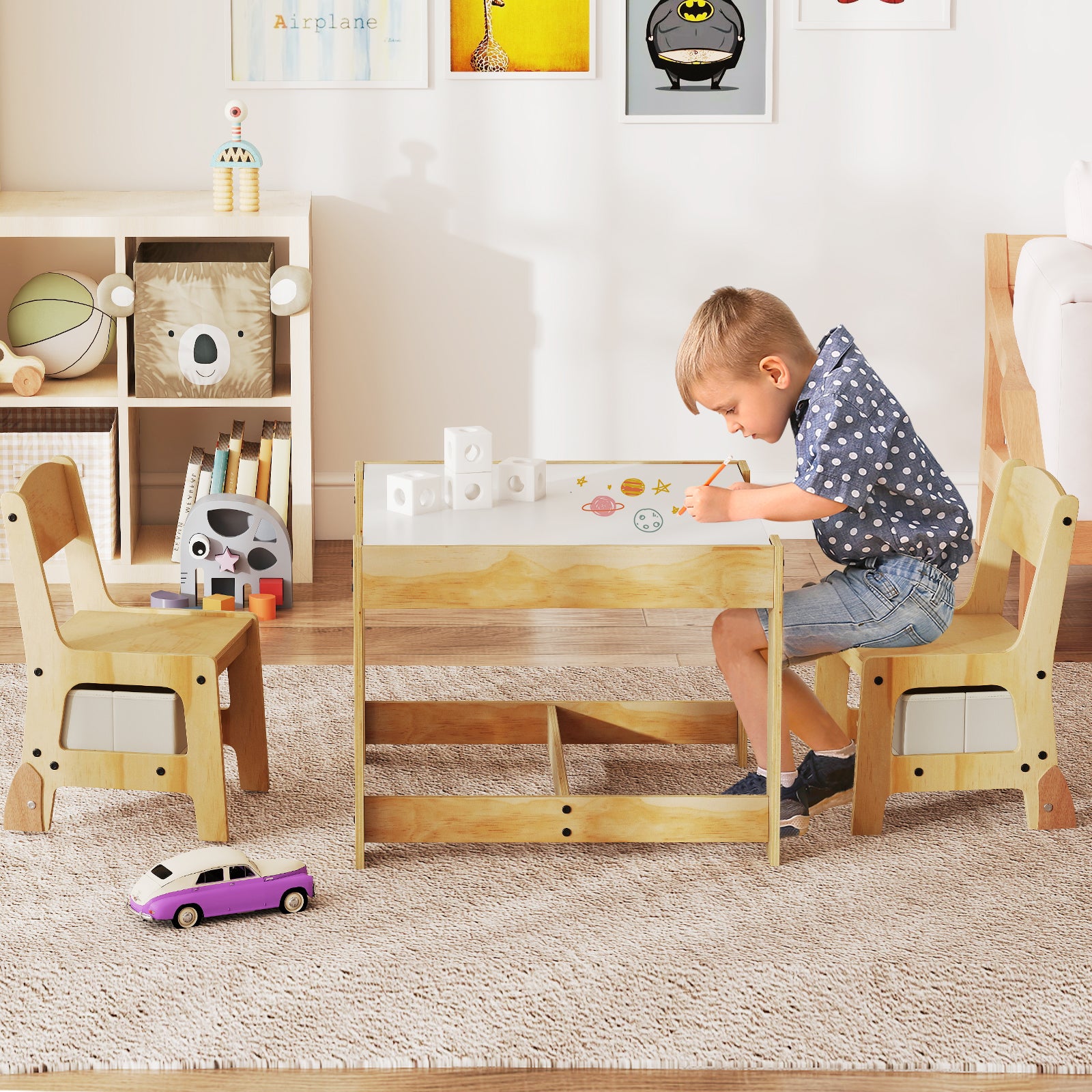 3 in 1 Kids Table and Chair Set with Removable Tabletop and 2 Storage Drawers, Natural Kids Table & Chair Sets at Gallery Canada