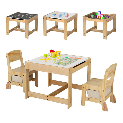 Kids Table And Chair Set, 3 In 1, Removable Tabletop, 2 Storage Drawers, Natural