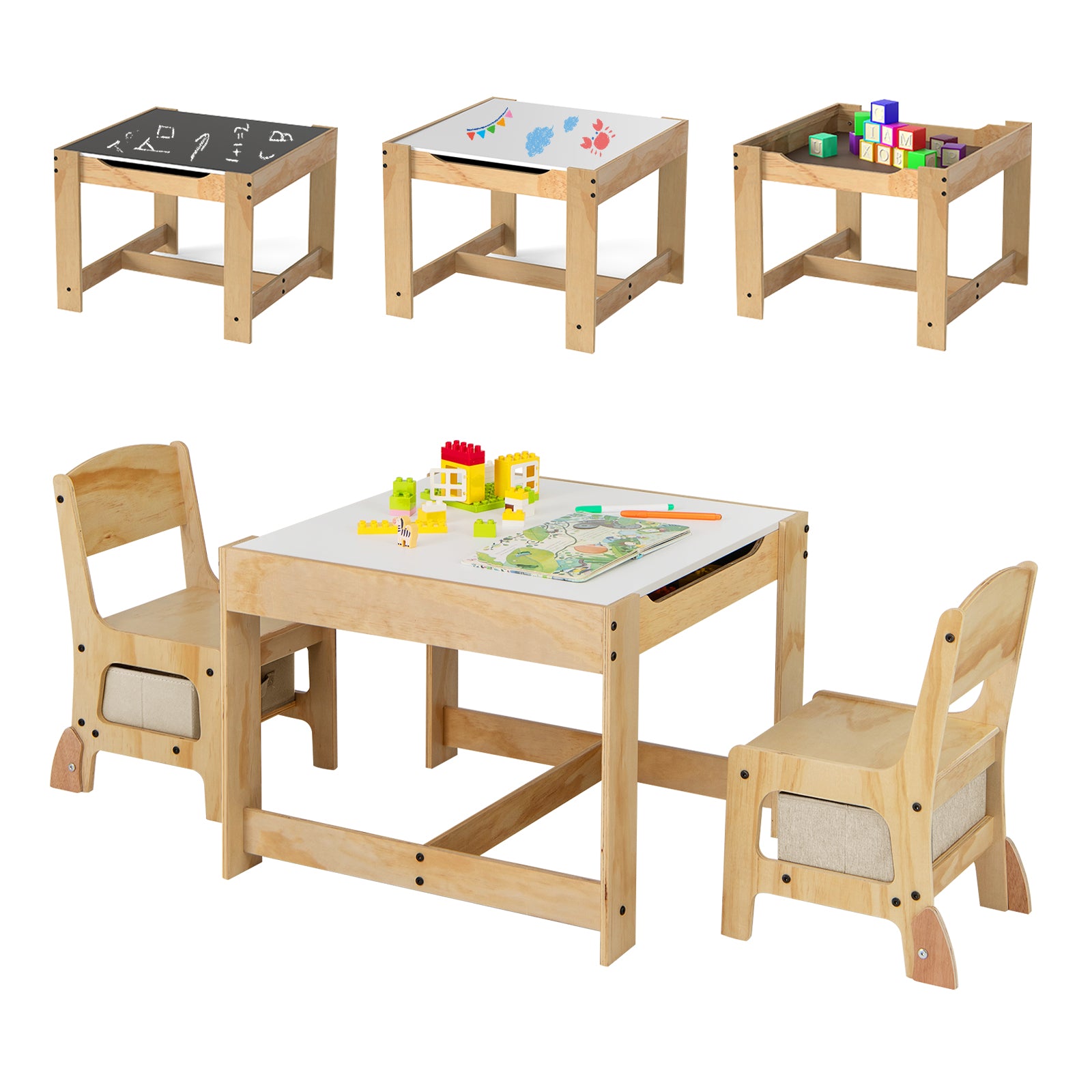 3 in 1 Kids Table and Chair Set with Removable Tabletop and 2 Storage Drawers, Natural Kids Table & Chair Sets Natural at Gallery Canada
