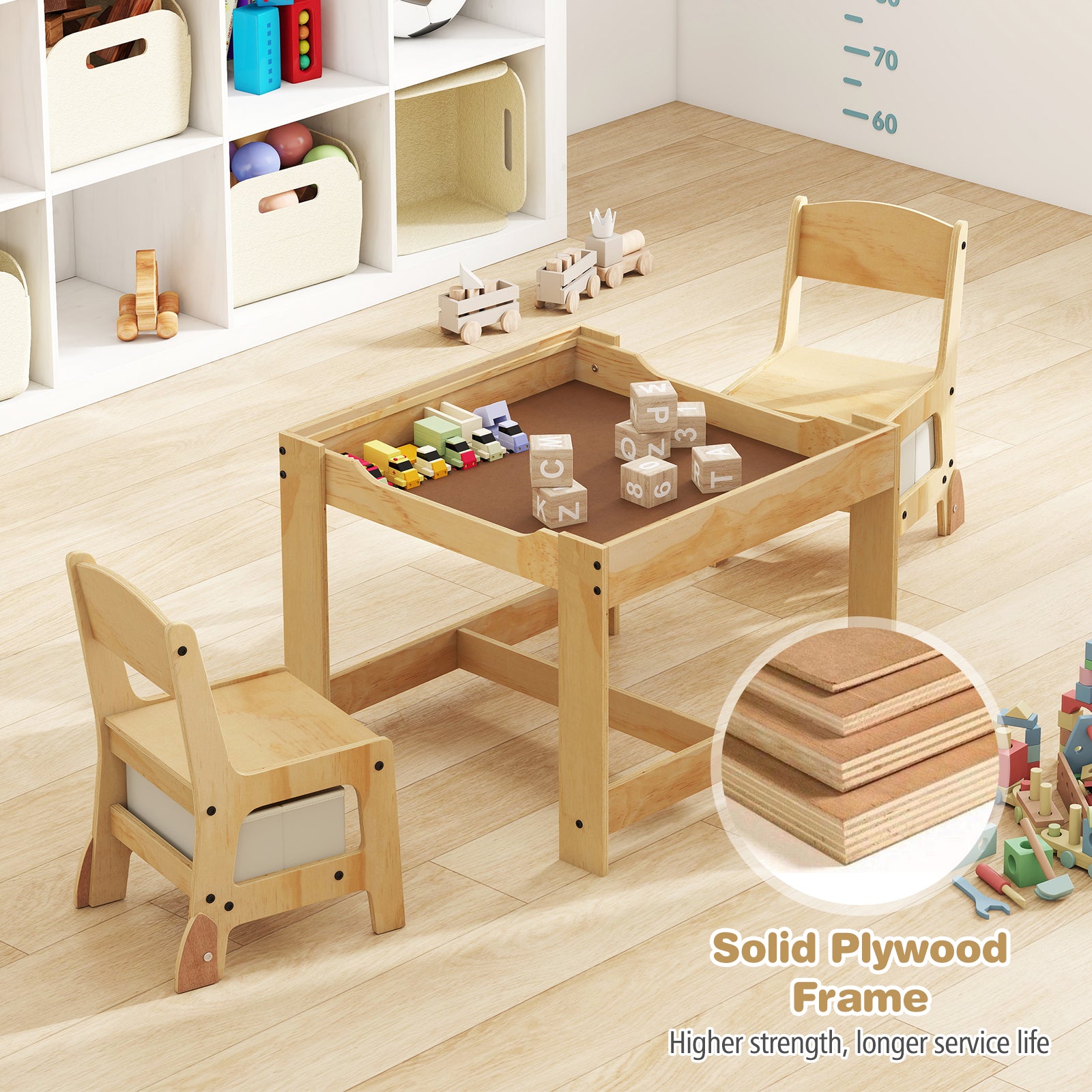 3 in 1 Kids Table and Chair Set with Removable Tabletop and 2 Storage Drawers, Natural Kids Table & Chair Sets at Gallery Canada