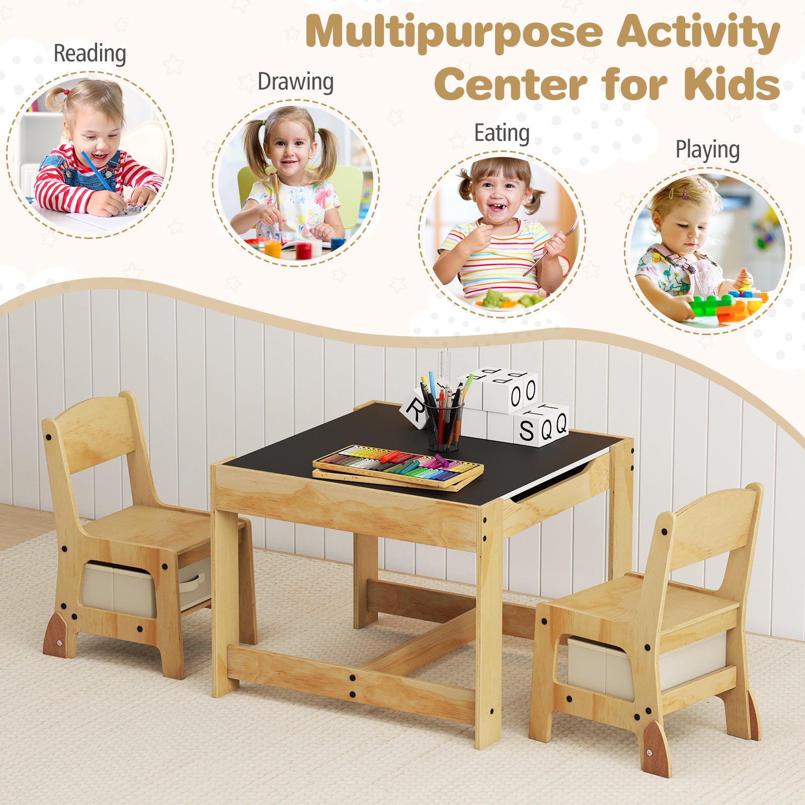 3 in 1 Kids Table and Chair Set with Removable Tabletop and 2 Storage Drawers, Natural Kids Table & Chair Sets at Gallery Canada