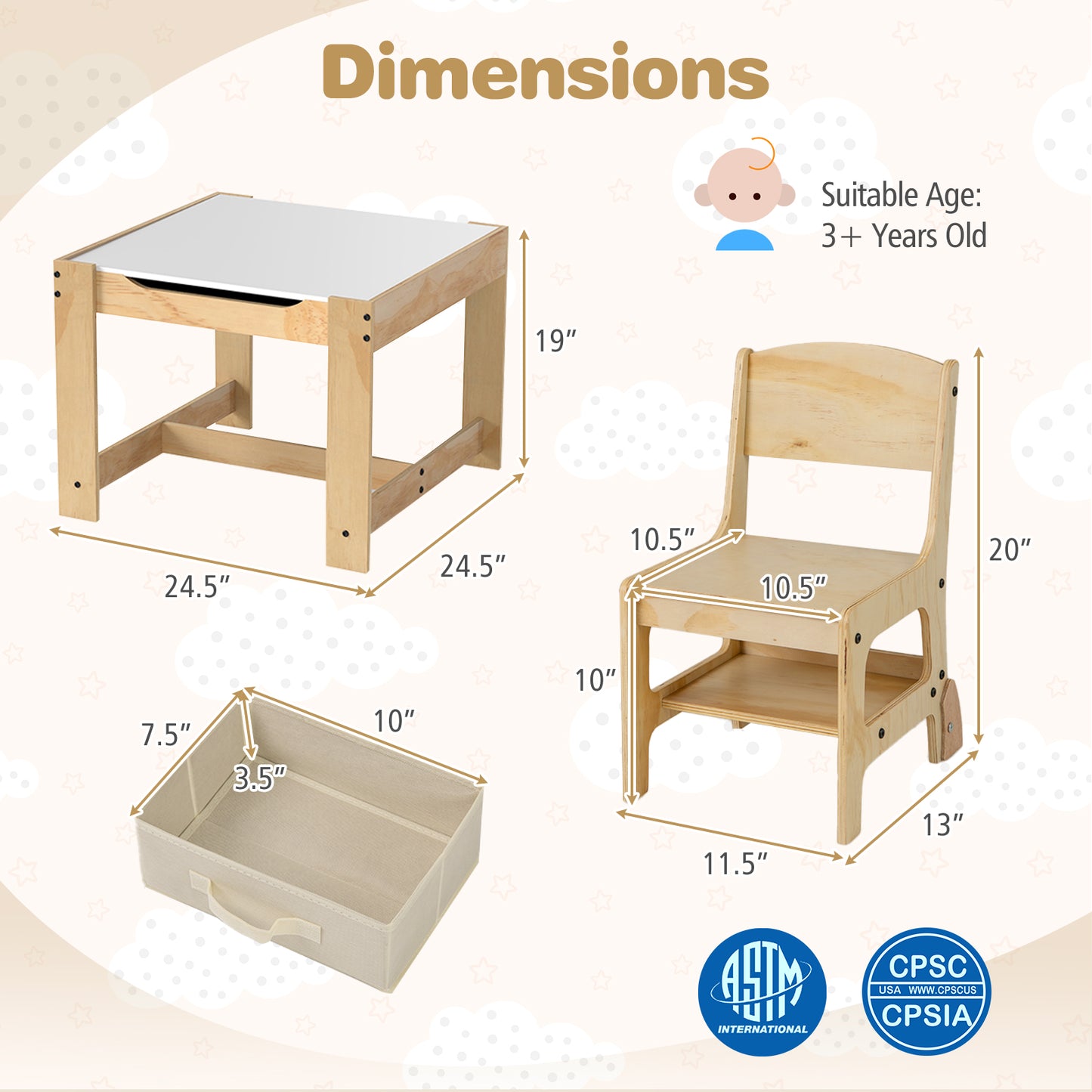 3 in 1 Kids Table and Chair Set with Removable Tabletop and 2 Storage Drawers, Natural Kids Table & Chair Sets at Gallery Canada