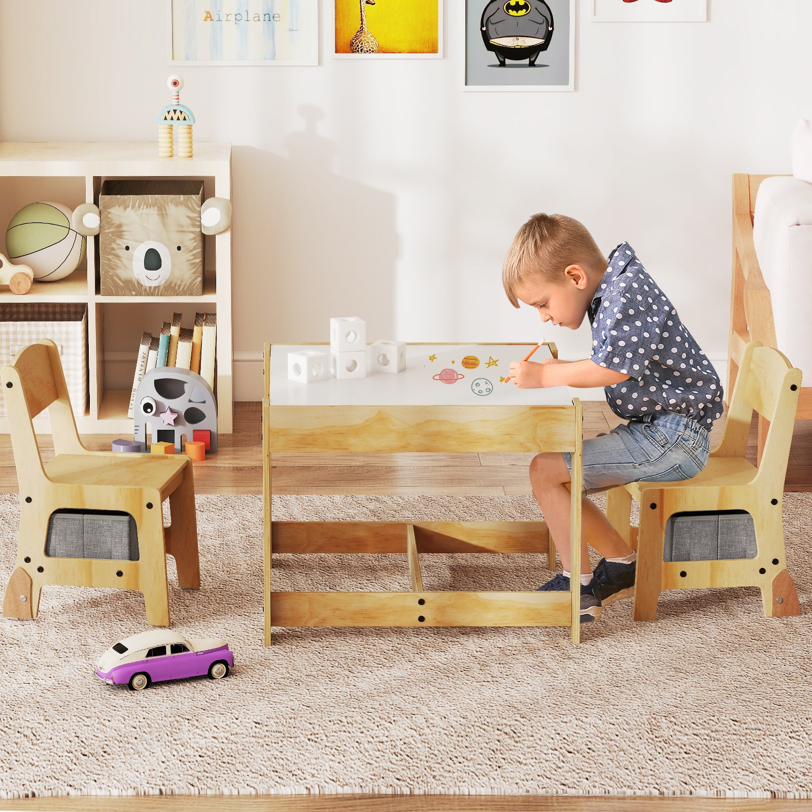 3 in 1 Kids Table and Chair Set with Removable Tabletop and 2 Storage Drawers, Gray Kids Table & Chair Sets at Gallery Canada