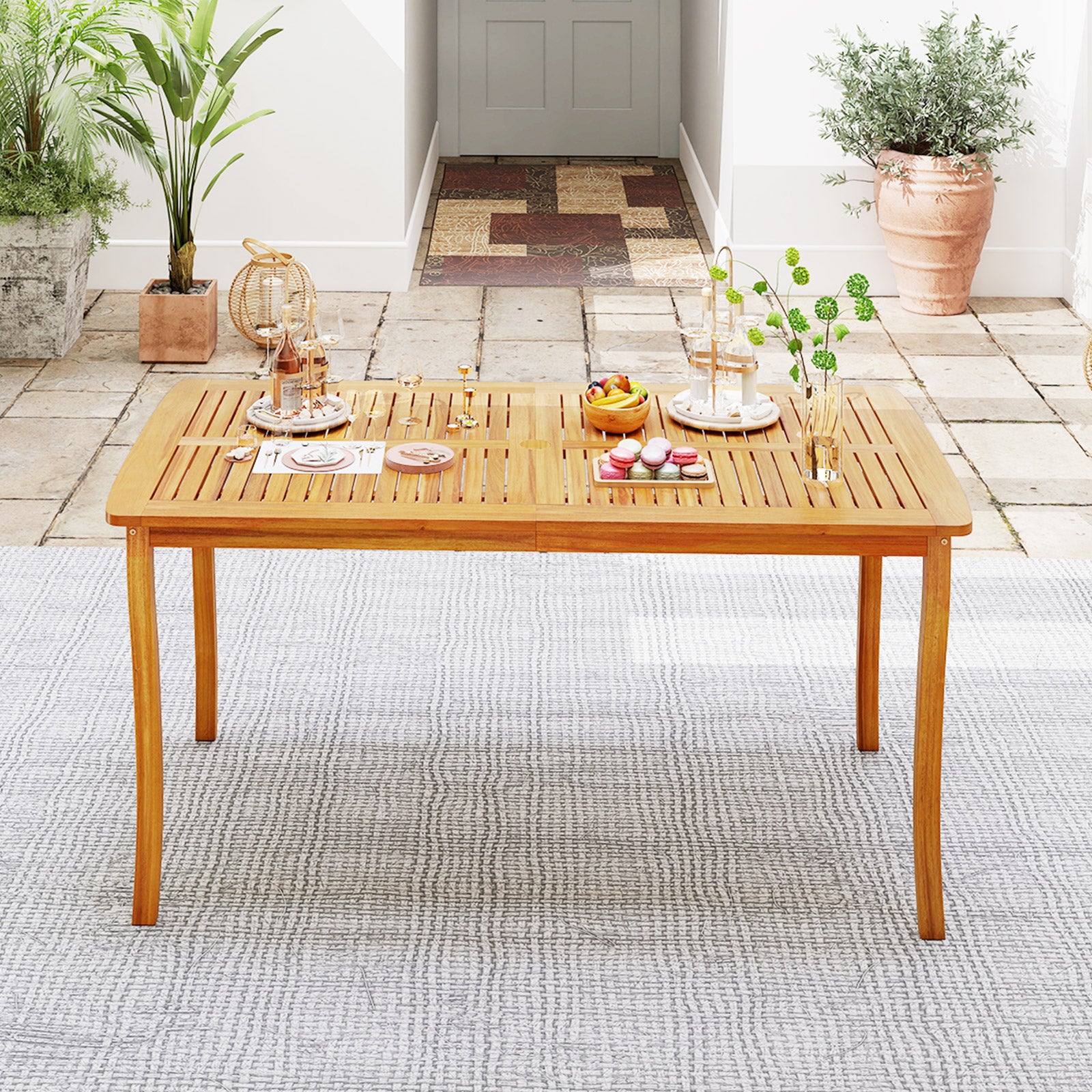 63 inch Outdoor Dining Table with Umbrella Hole Farmhouse Bistro Dinette Furniture, Natural Patio Dining Tables at Gallery Canada