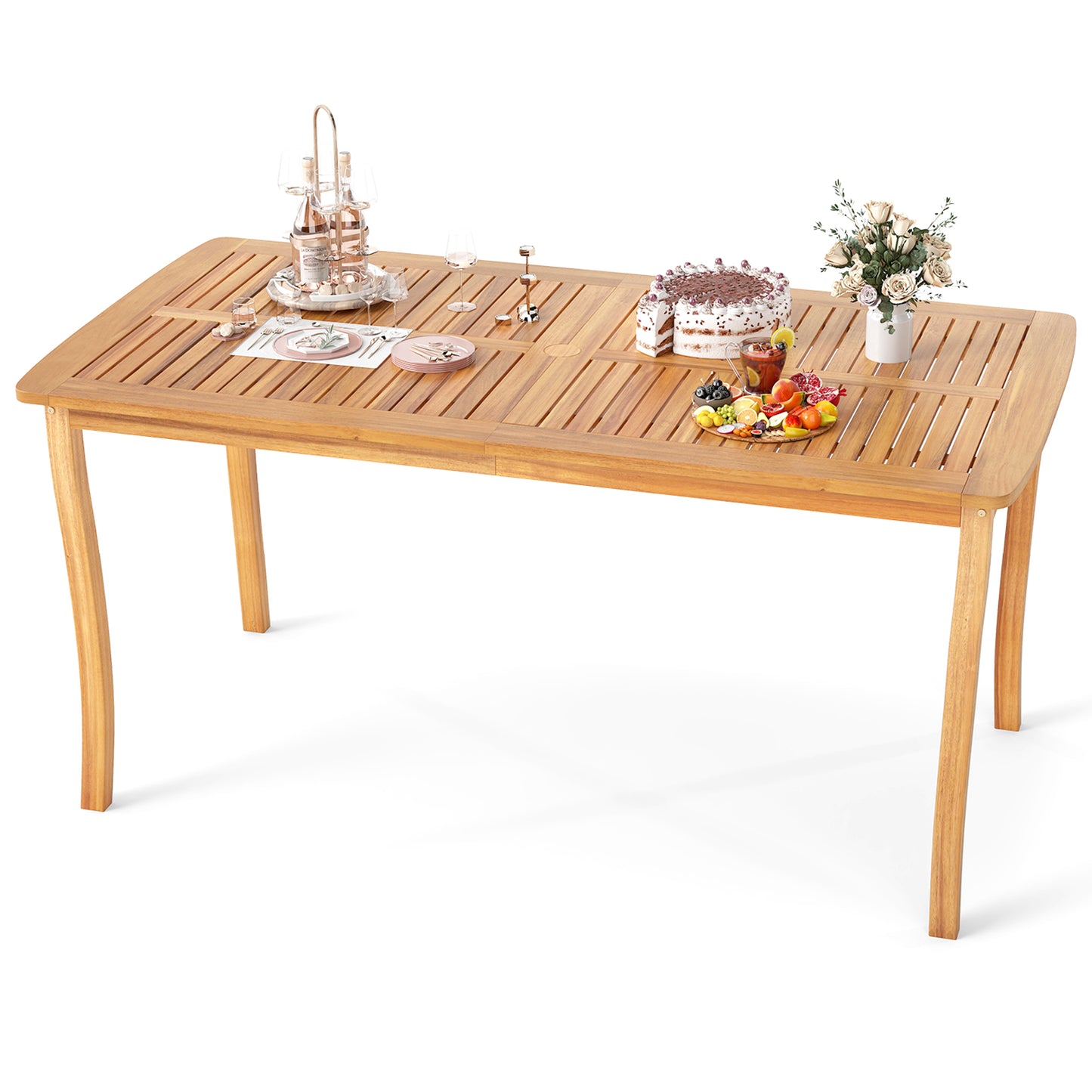 63 inch Outdoor Dining Table with Umbrella Hole Farmhouse Bistro Dinette Furniture, Natural Patio Dining Tables at Gallery Canada