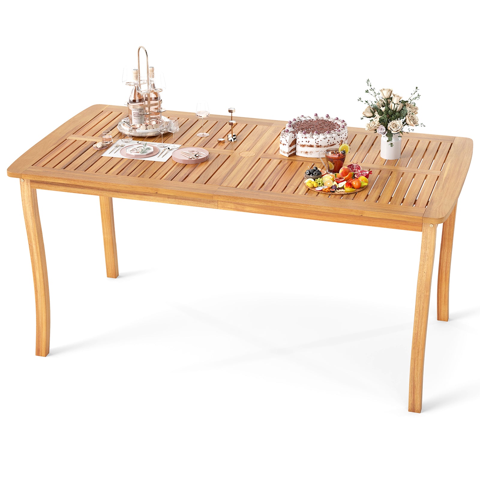 63 inch Outdoor Dining Table with Umbrella Hole Farmhouse Bistro Dinette Furniture, Natural Patio Dining Tables at Gallery Canada