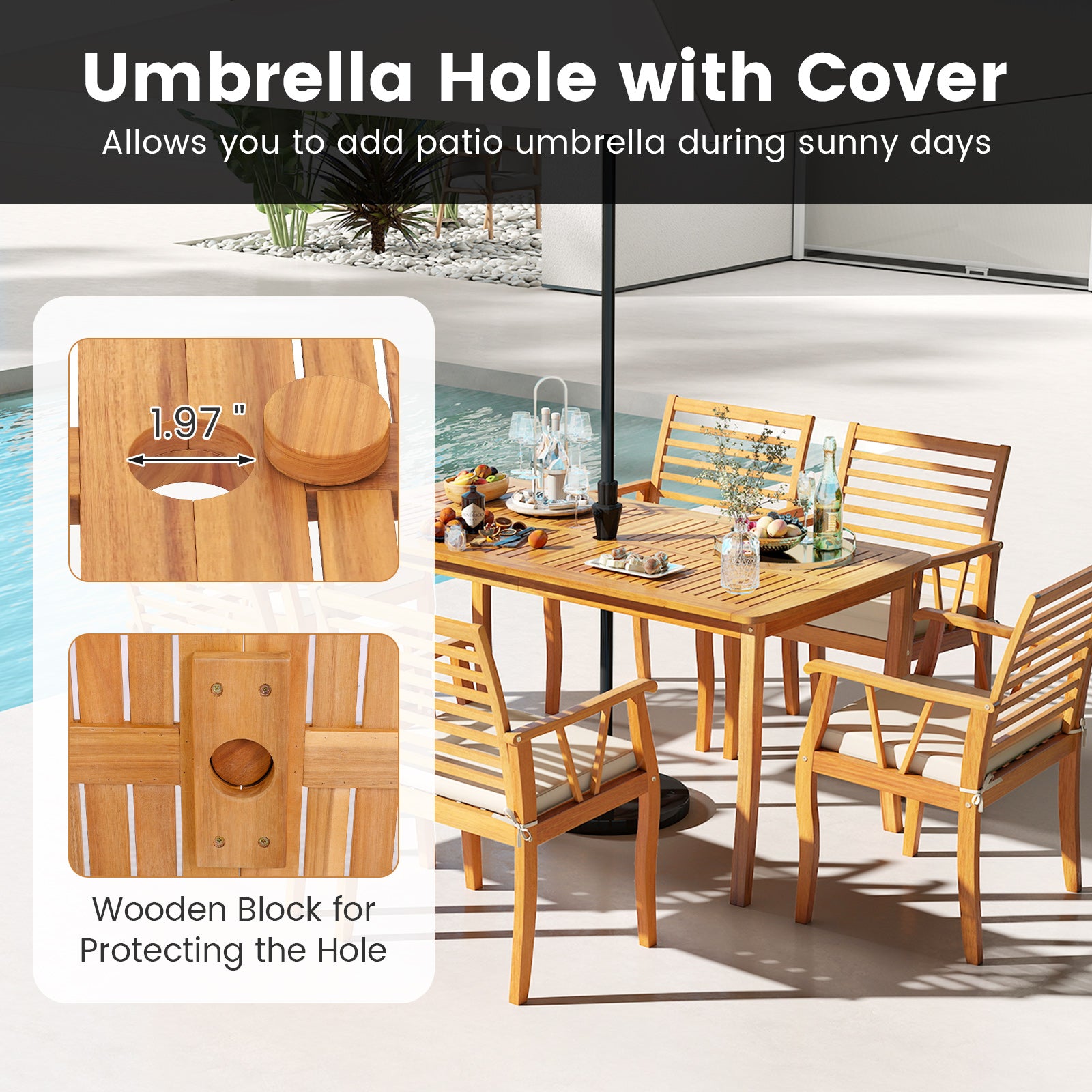 63 inch Outdoor Dining Table with Umbrella Hole Farmhouse Bistro Dinette Furniture, Natural Patio Dining Tables at Gallery Canada