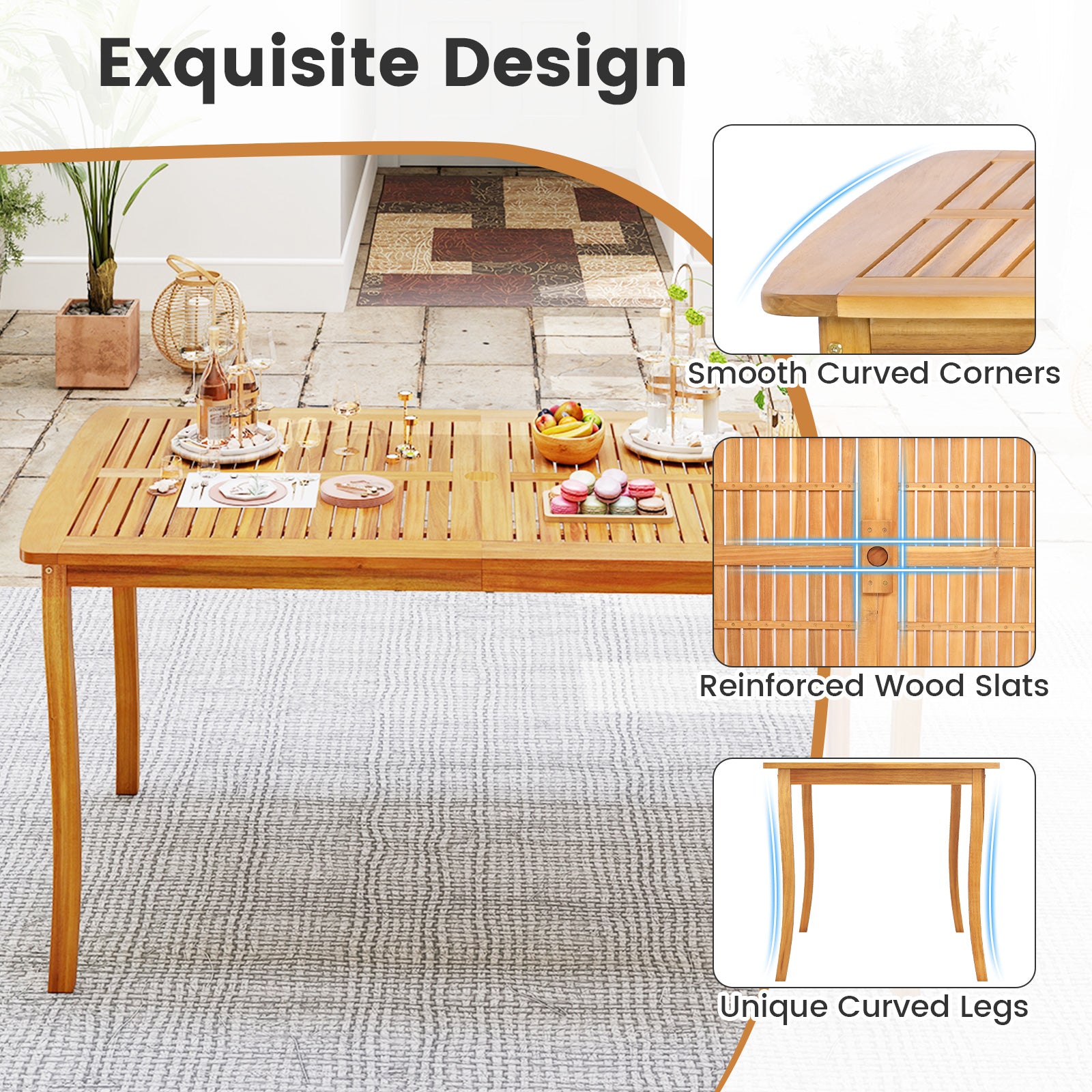 63 inch Outdoor Dining Table with Umbrella Hole Farmhouse Bistro Dinette Furniture, Natural Patio Dining Tables at Gallery Canada