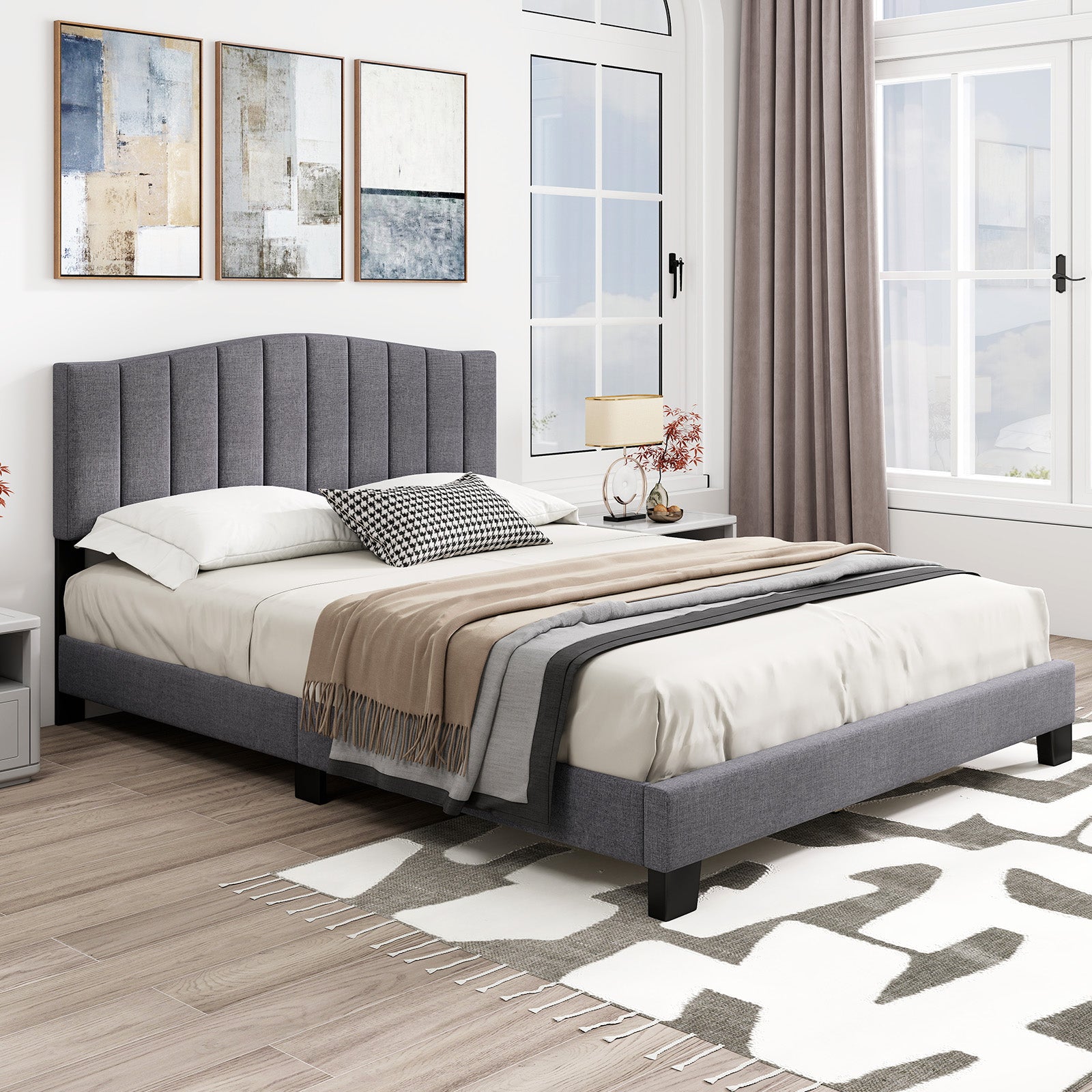 Modern Upholstered Bed Frame with Adjustable Vertical Channel Tufted Headboard-Queen Size, Gray Simple Bed Frame at Gallery Canada