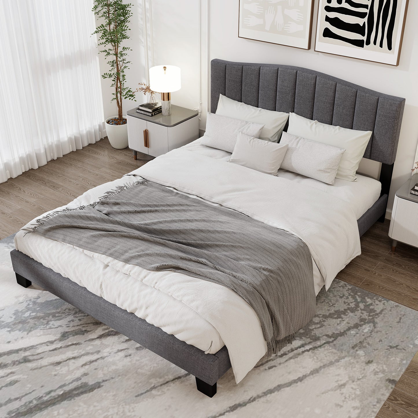 Modern Upholstered Bed Frame with Adjustable Vertical Channel Tufted Headboard-Queen Size, Gray Simple Bed Frame at Gallery Canada