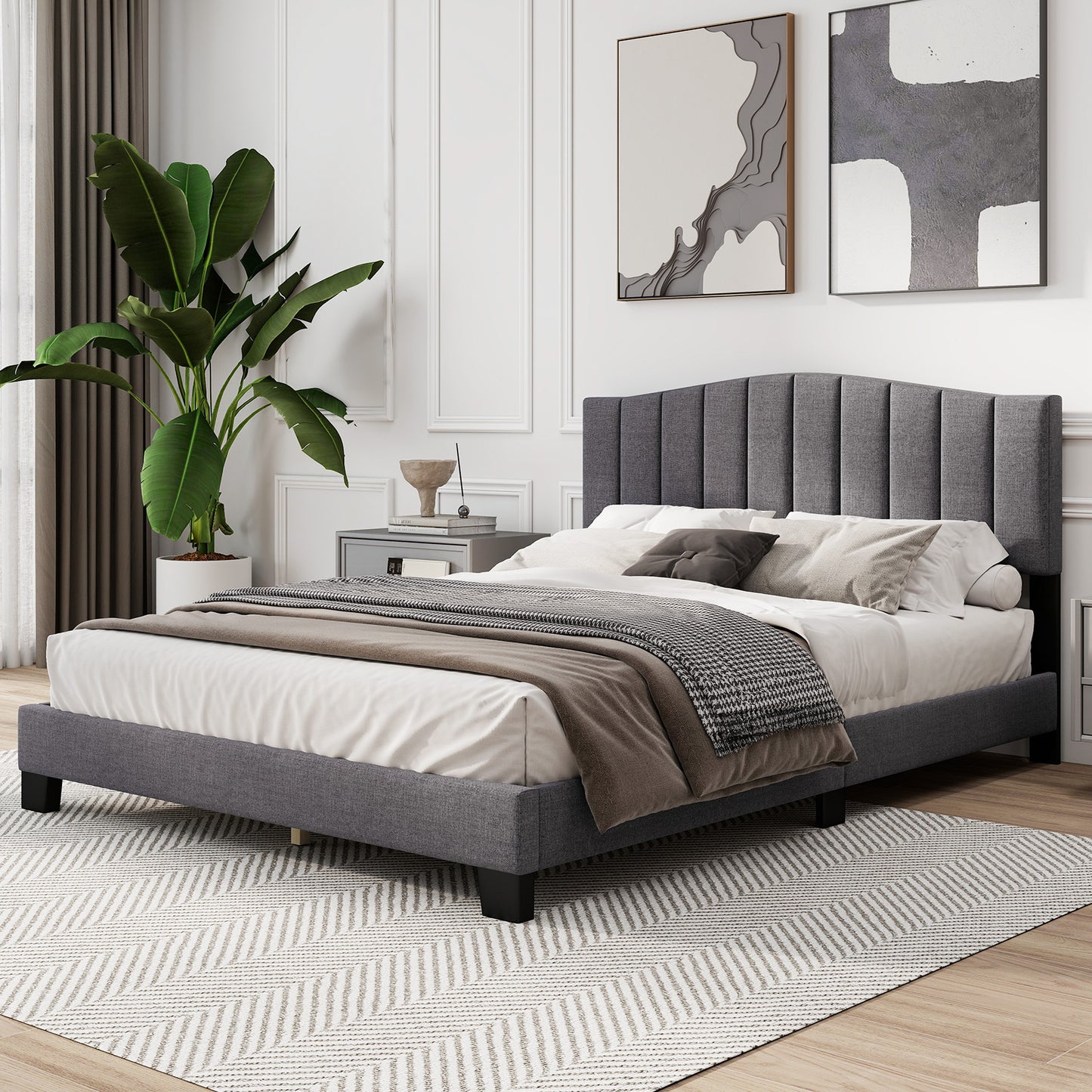 Modern Upholstered Bed Frame with Adjustable Vertical Channel Tufted Headboard-Queen Size, Gray Simple Bed Frame at Gallery Canada