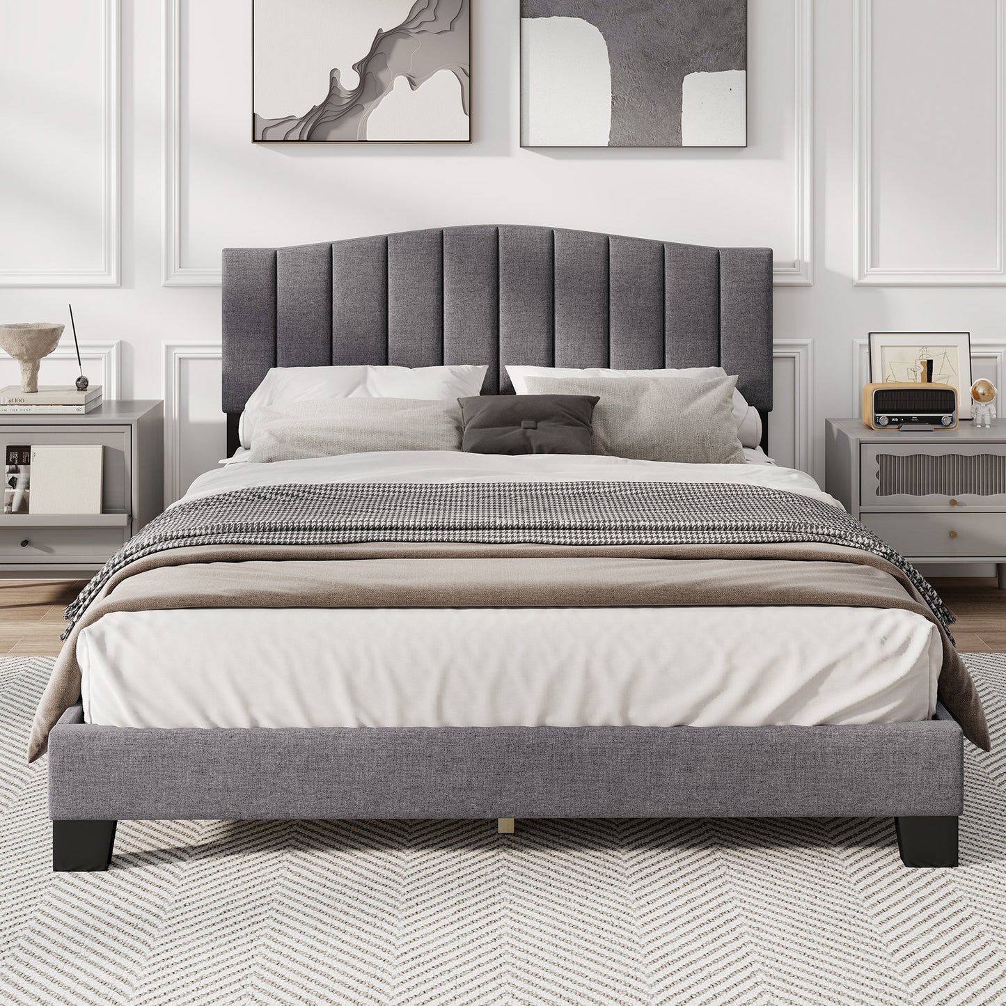 Modern Upholstered Bed Frame with Adjustable Vertical Channel Tufted Headboard-Queen Size, Gray Simple Bed Frame at Gallery Canada