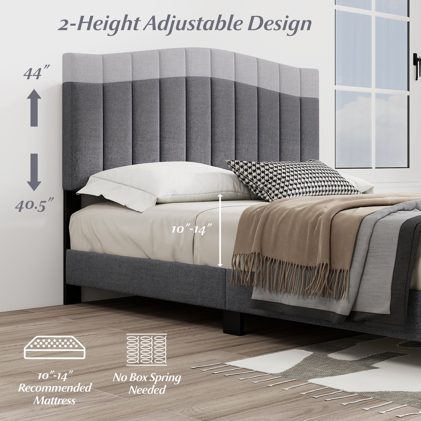 Modern Upholstered Bed Frame with Adjustable Vertical Channel Tufted Headboard-Queen Size, Gray Simple Bed Frame at Gallery Canada
