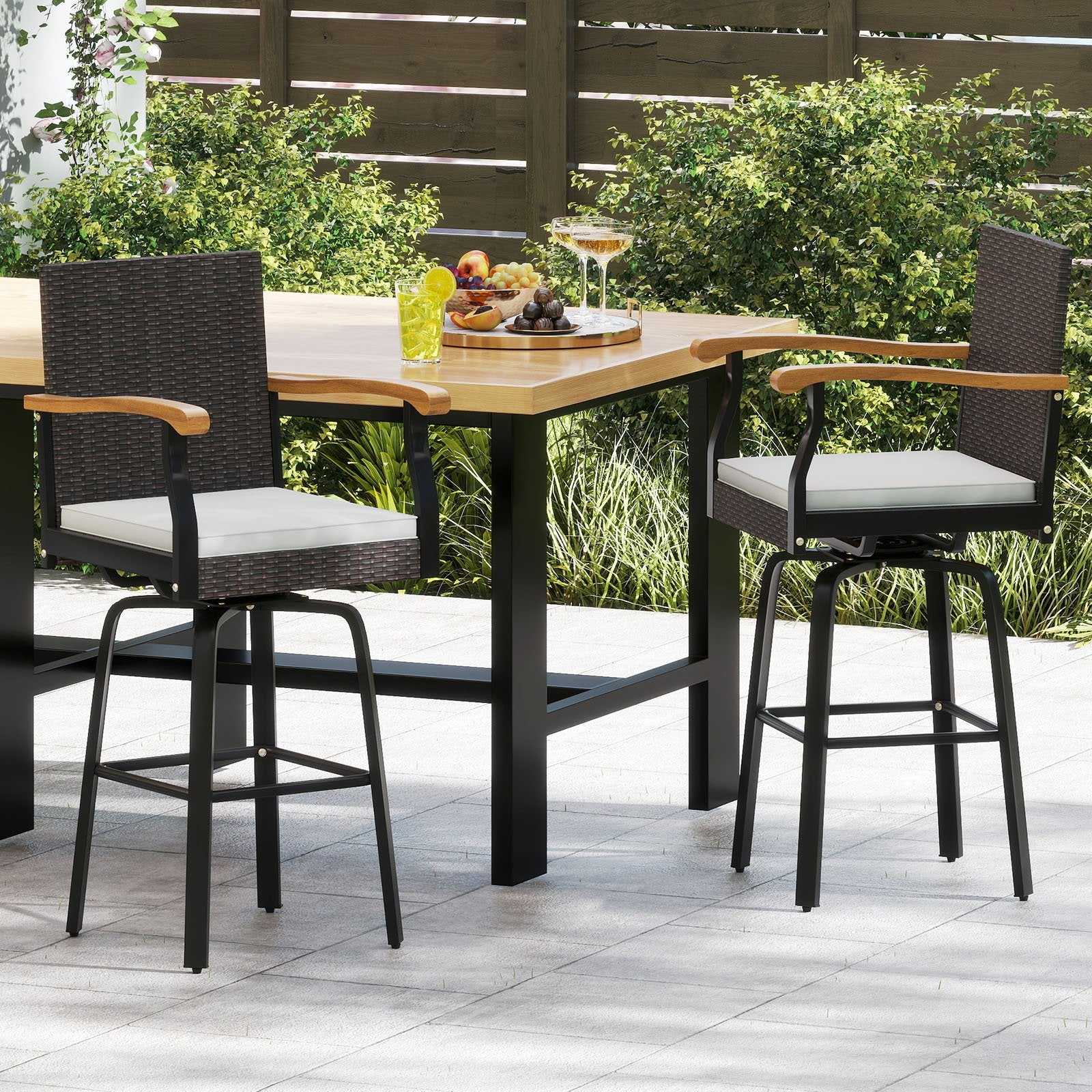 Outdoor 360° Swivel Bar Stool With Cushion, Acacia Wood Armrests, Brown Patio Bar Furniture at Gallery Canada