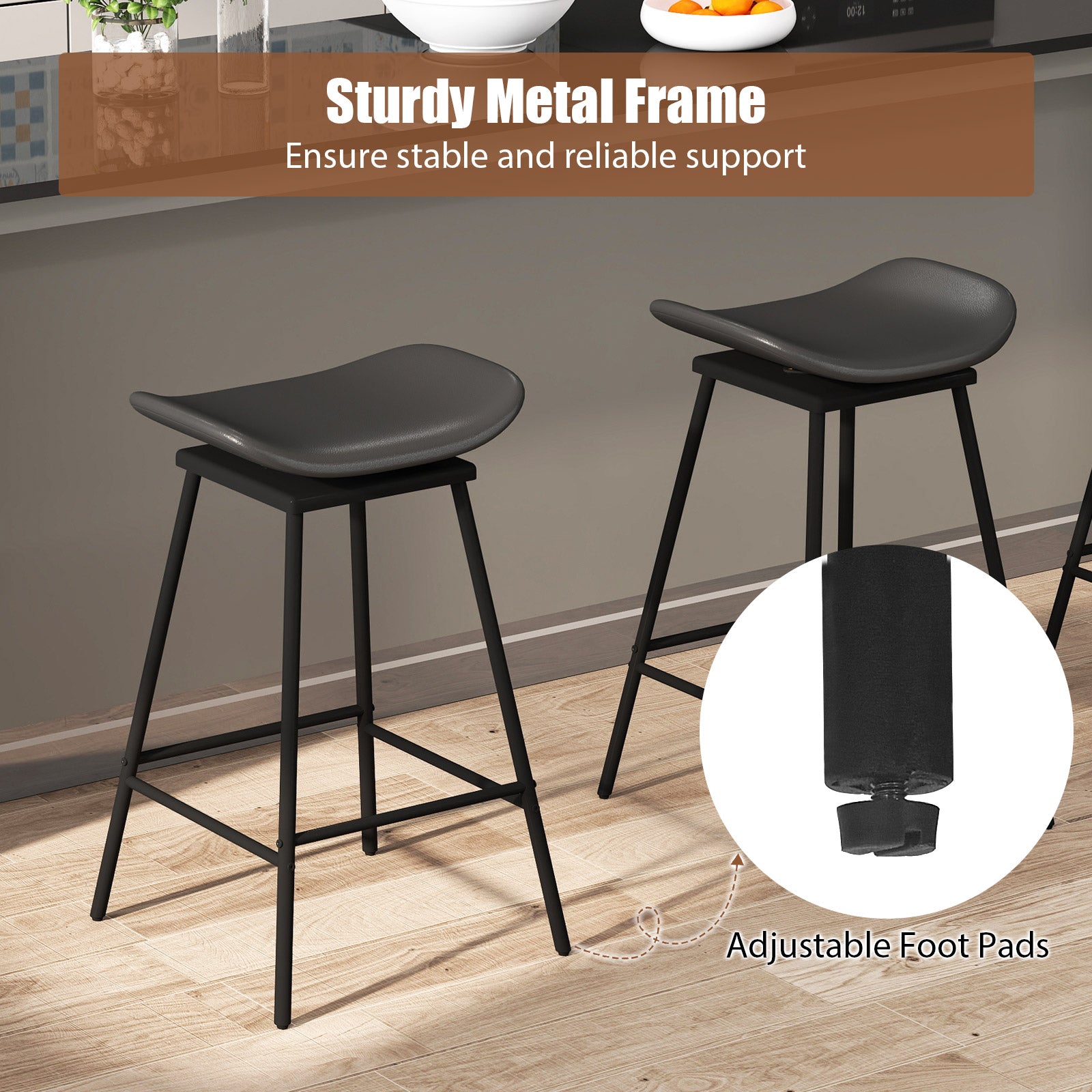 Set of 2 Swivel Barstools Faux Leather Upholstered Backless with Footrest, Black Bar Stools at Gallery Canada