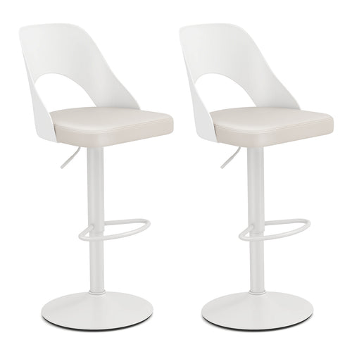 Bar Stools Set Of 2, Enlarged PU Leather Seat With Footrest, White