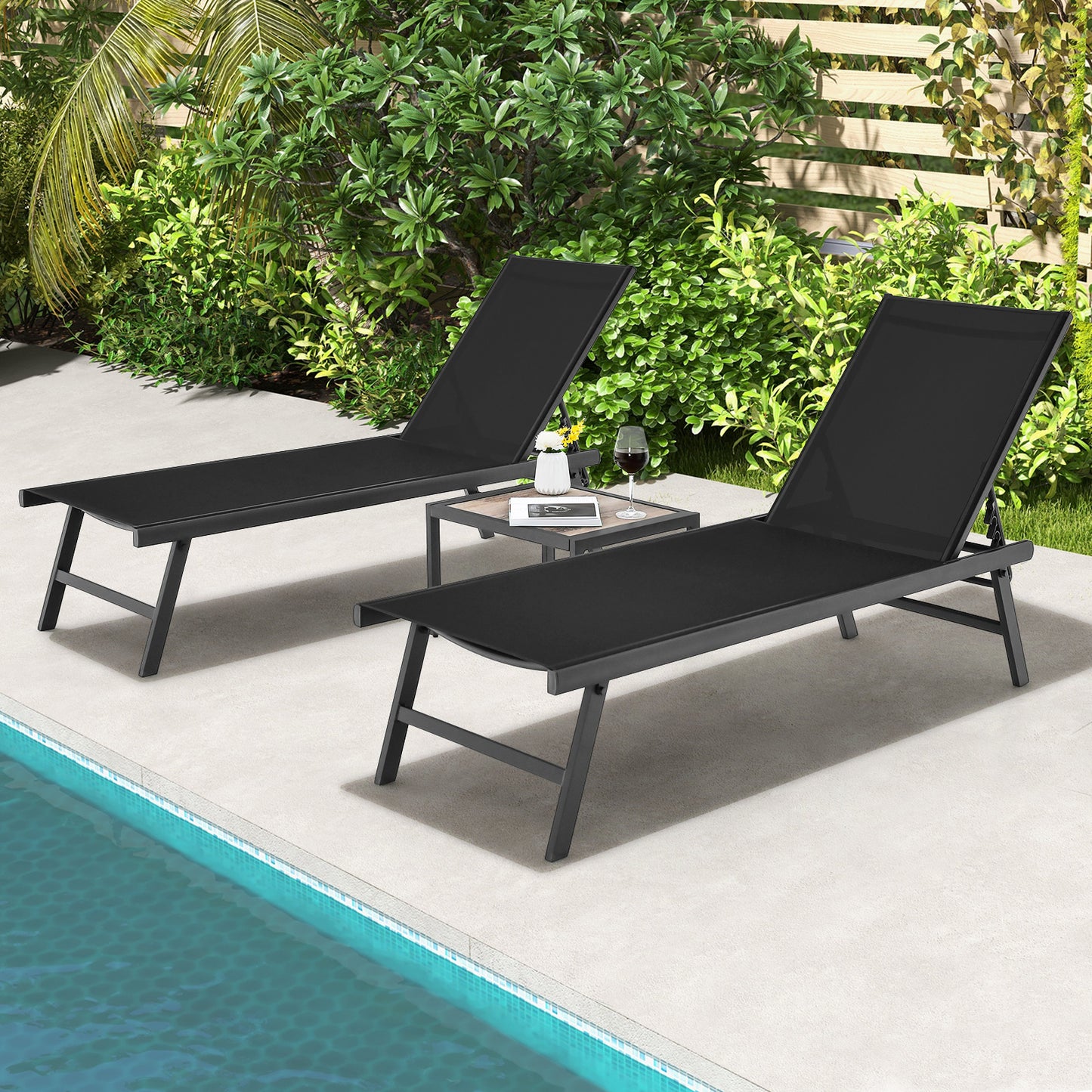 3 Pieces Patio Chaise Lounge Chair and Table Set for Poolside Yard, Black Outdoor Seating & Patio Chairs at Gallery Canada