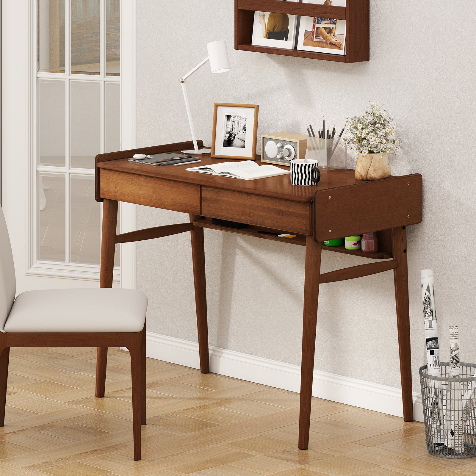 Bamboo Writing Desk With 2 Drawers, Open Shelf, Walnut Writing Desks at Gallery Canada