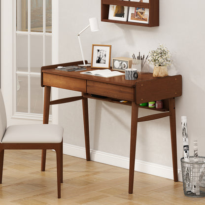 Bamboo Writing Desk With 2 Drawers, Open Shelf, Walnut Writing Desks at Gallery Canada