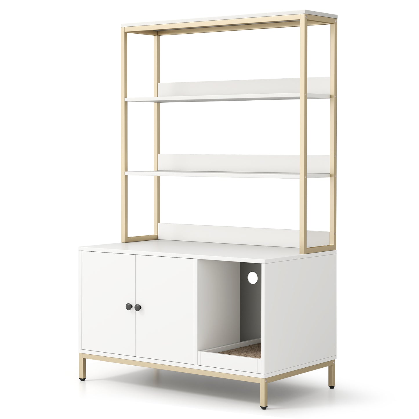57 Inch Cat Litter Box Enclosure, Storage, Removable Scratcher, White Cat Houses at Gallery Canada