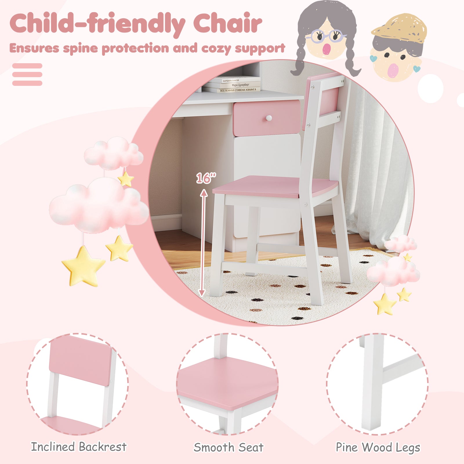 Kids Desk and Chair Set with Hutch and 3-Layer Side Shelf, Pink Kids Table & Chair Sets at Gallery Canada