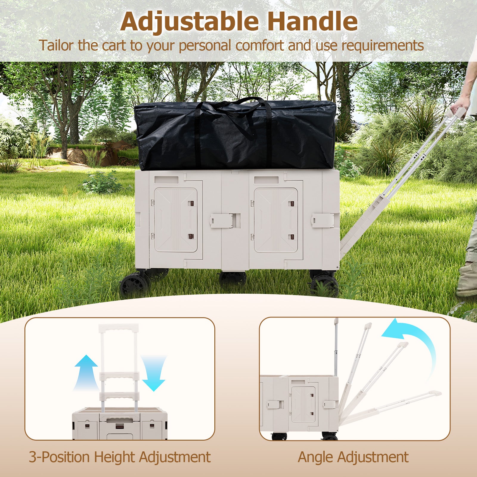 Large Foldable Utility Cart with 2-Tier Storage Crates and Telescoping Handle, White Camping Furniture at Gallery Canada