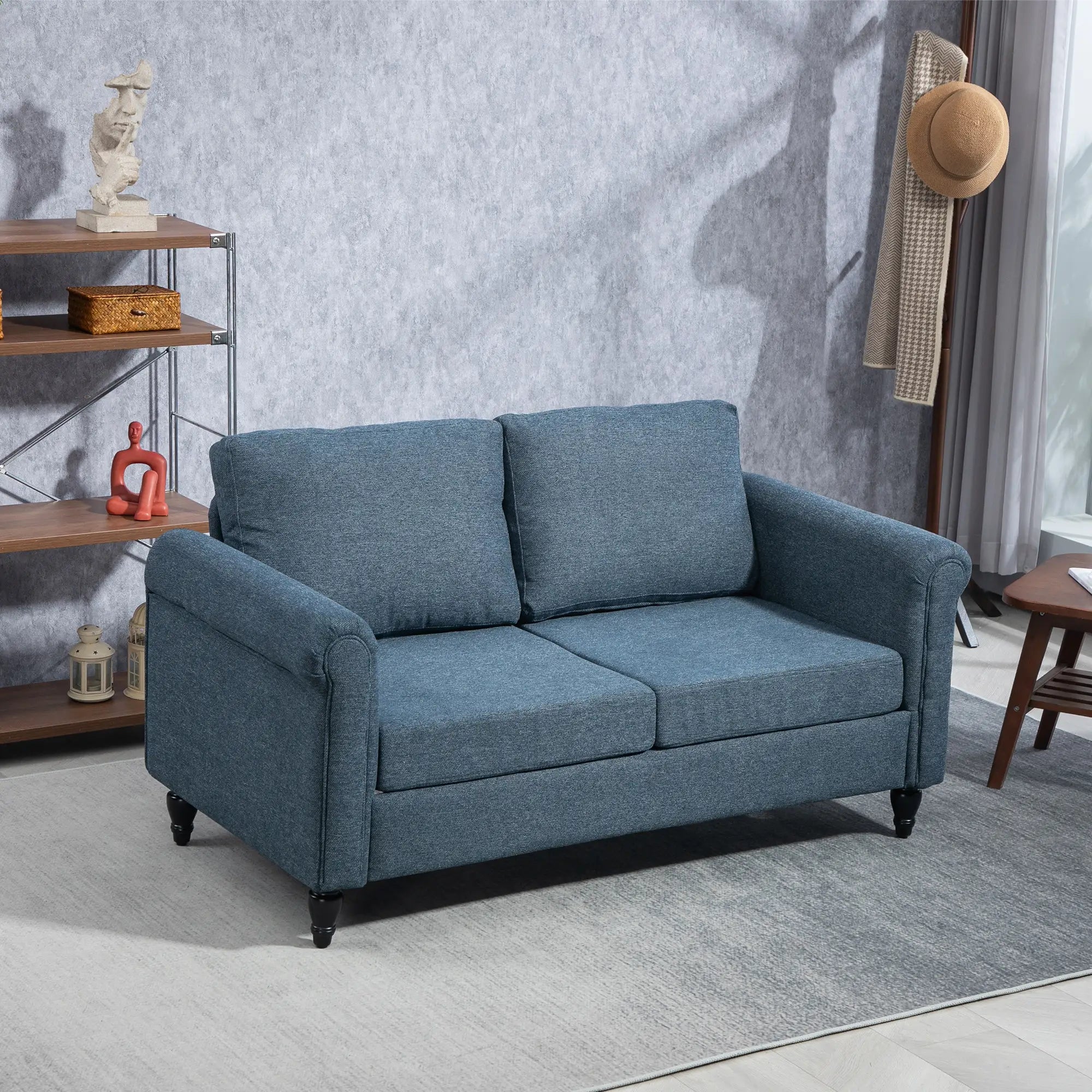 Vintage Loveseat, Fabric 2 Seater Sofa, Rolled Arms, Rubber Wood Legs, Dark Blue 2-Seater Sofas at Gallery Canada