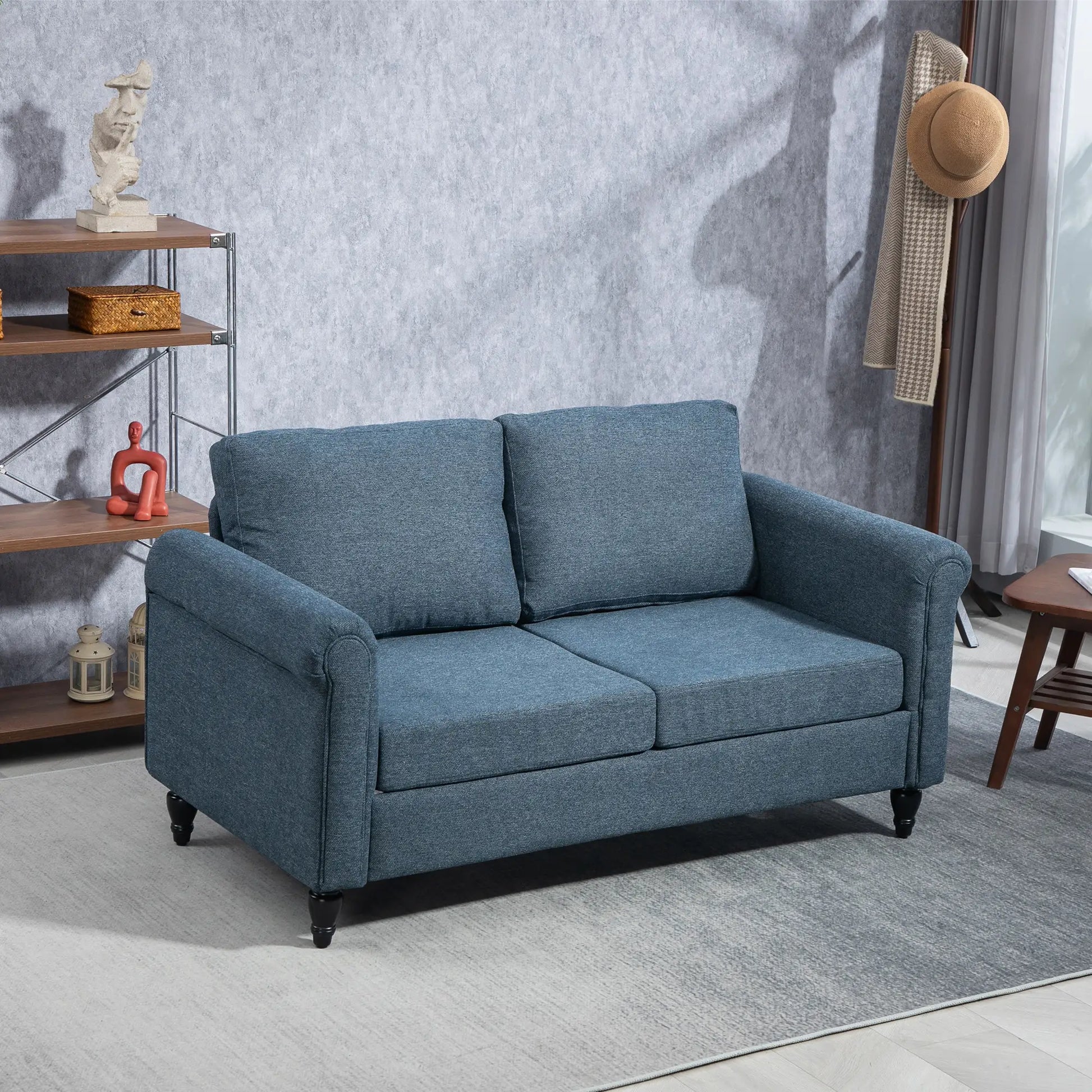 Vintage Loveseat, Fabric 2 Seater Sofa, Rolled Arms, Rubber Wood Legs, Dark Blue 2-Seater Sofas at Gallery Canada