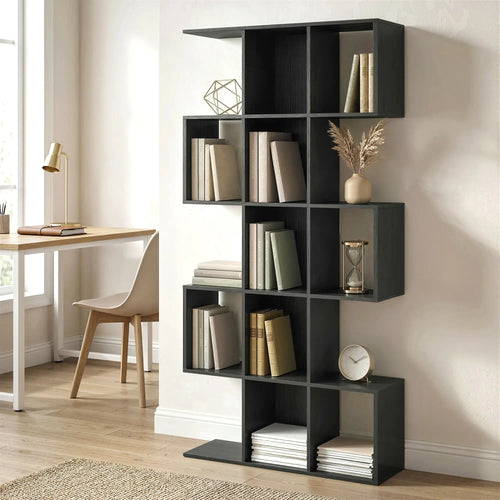 5-Tier S-Shaped Bookshelf, 15 Compartment Geometric Bookcase, Black Wood Grain, Black