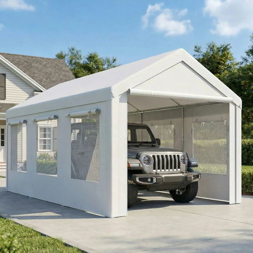 10' x 20' Heavy Duty Carport, Adjustable Garage Canopy Tent, White
