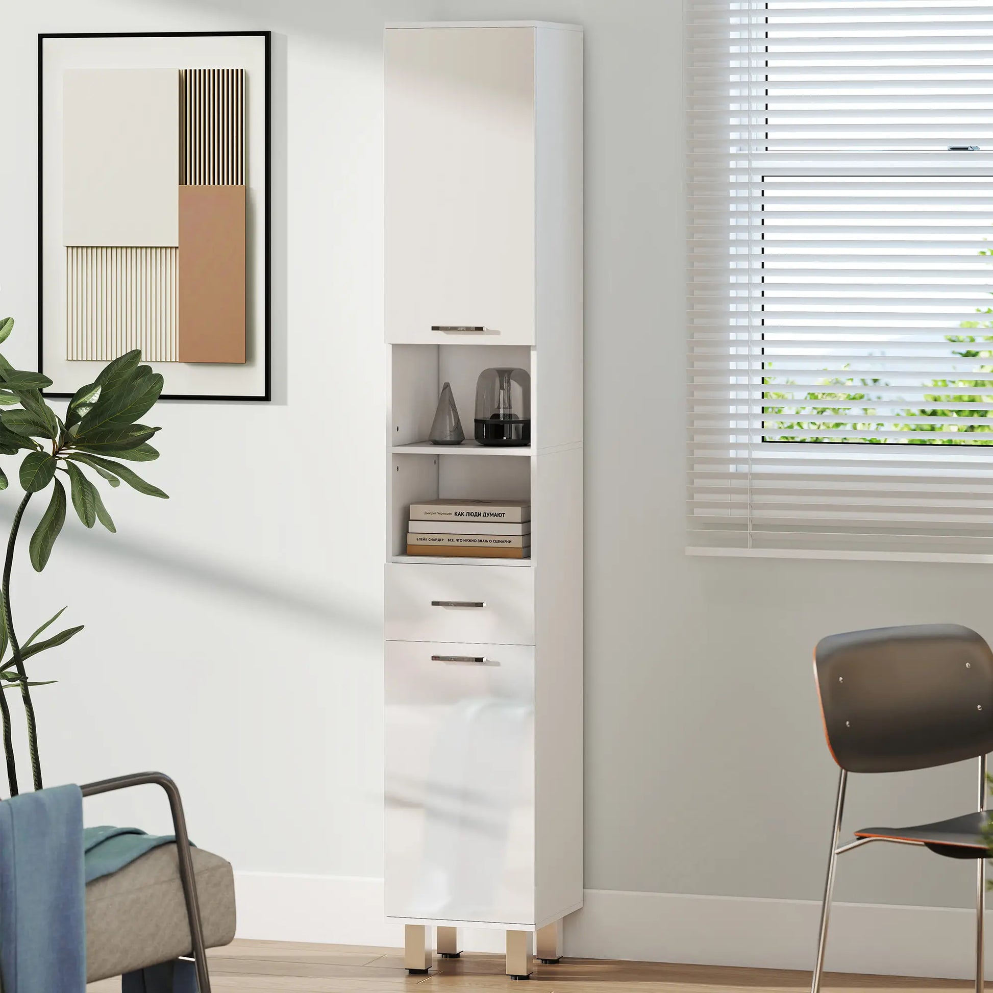 71" Tall Bathroom Storage Cabinet, Linen Tower with Drawer, Open Shelves, White Bathroom Cabinets at Gallery Canada