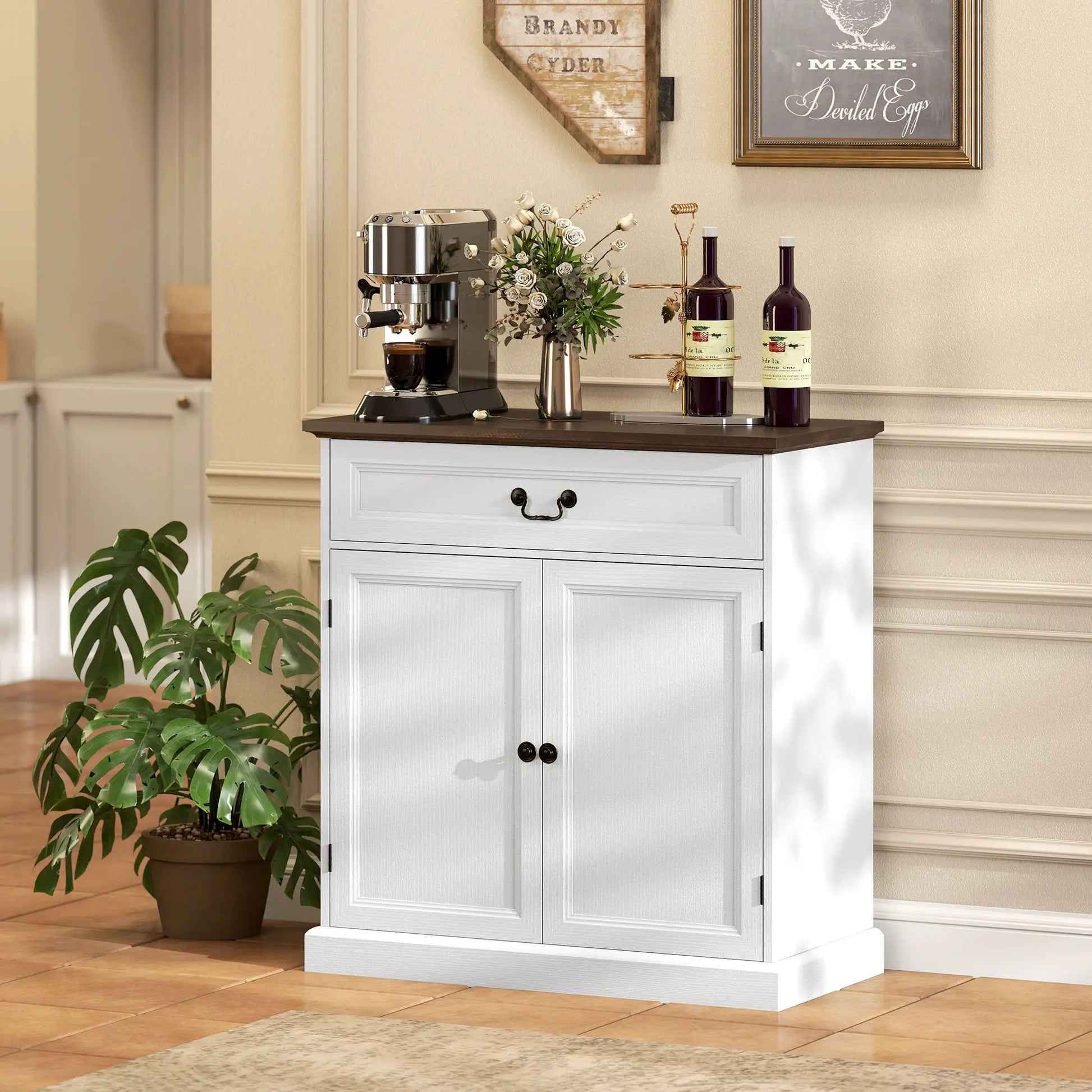32" Buffet Cabinet, White Wood Grain, Farmhouse Sideboard, White Bar Cabinets at Gallery Canada