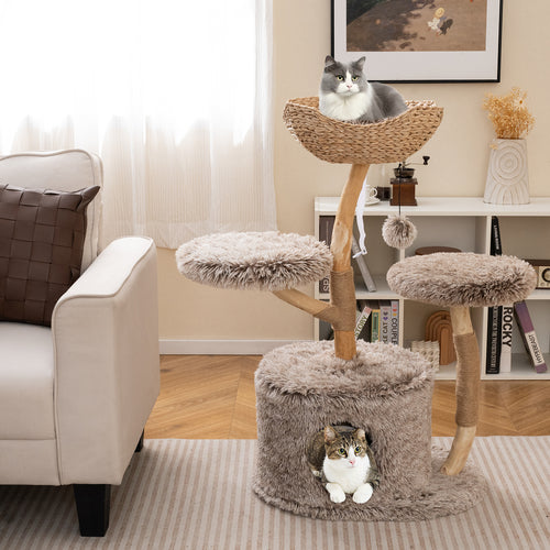 Wood Cat Tree Solid Pear Cat Tree with Perch and Sisal Scratching Posts, Brown