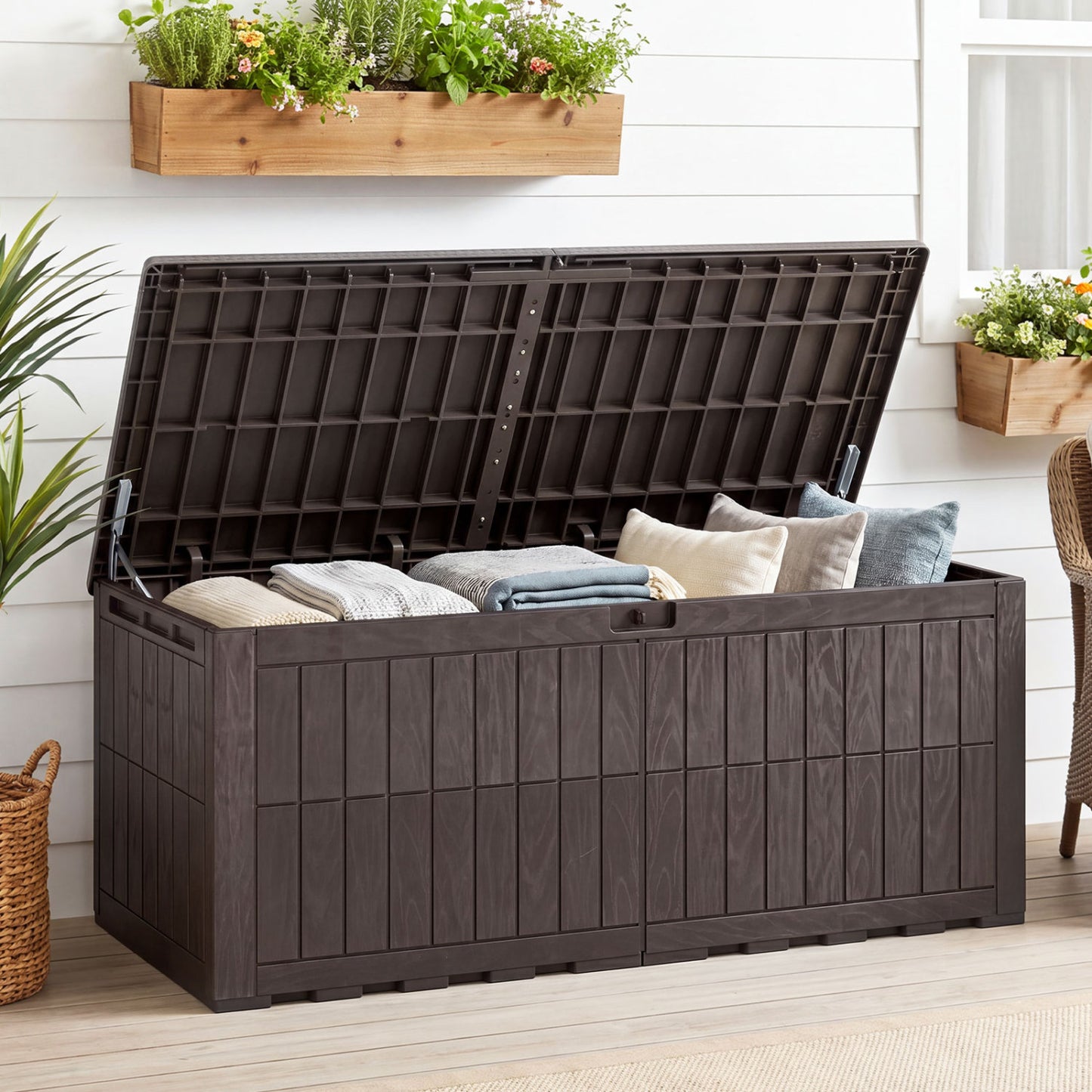 180 Gal Outdoor Deck Box Lockable Storage Bin, Brown Sheds & Outdoor Storage at Gallery Canada