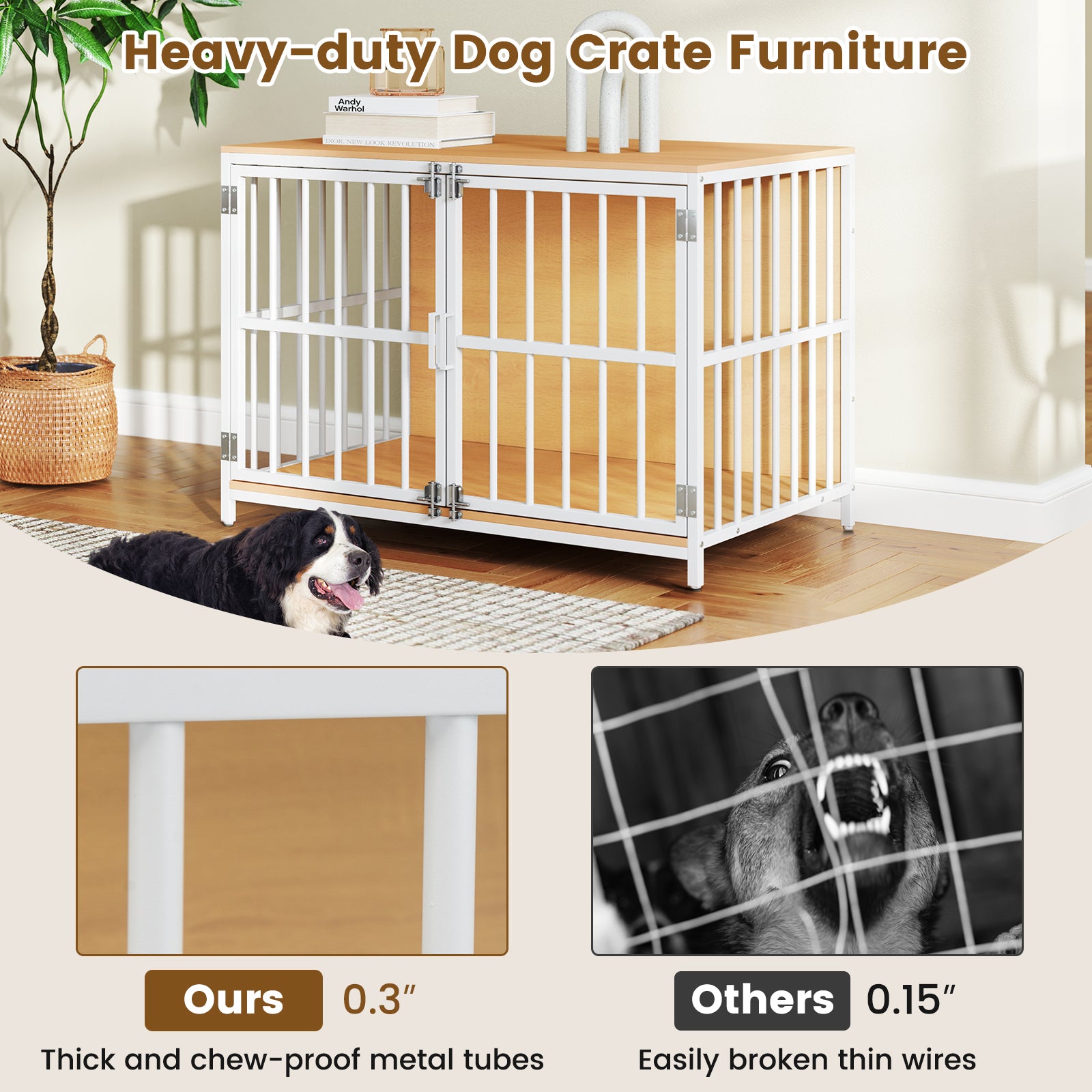40 Inch Dog Crate Furniture Dog Kennel with Dual Lockable Double Doors, Natural Dog Kennels at Gallery Canada