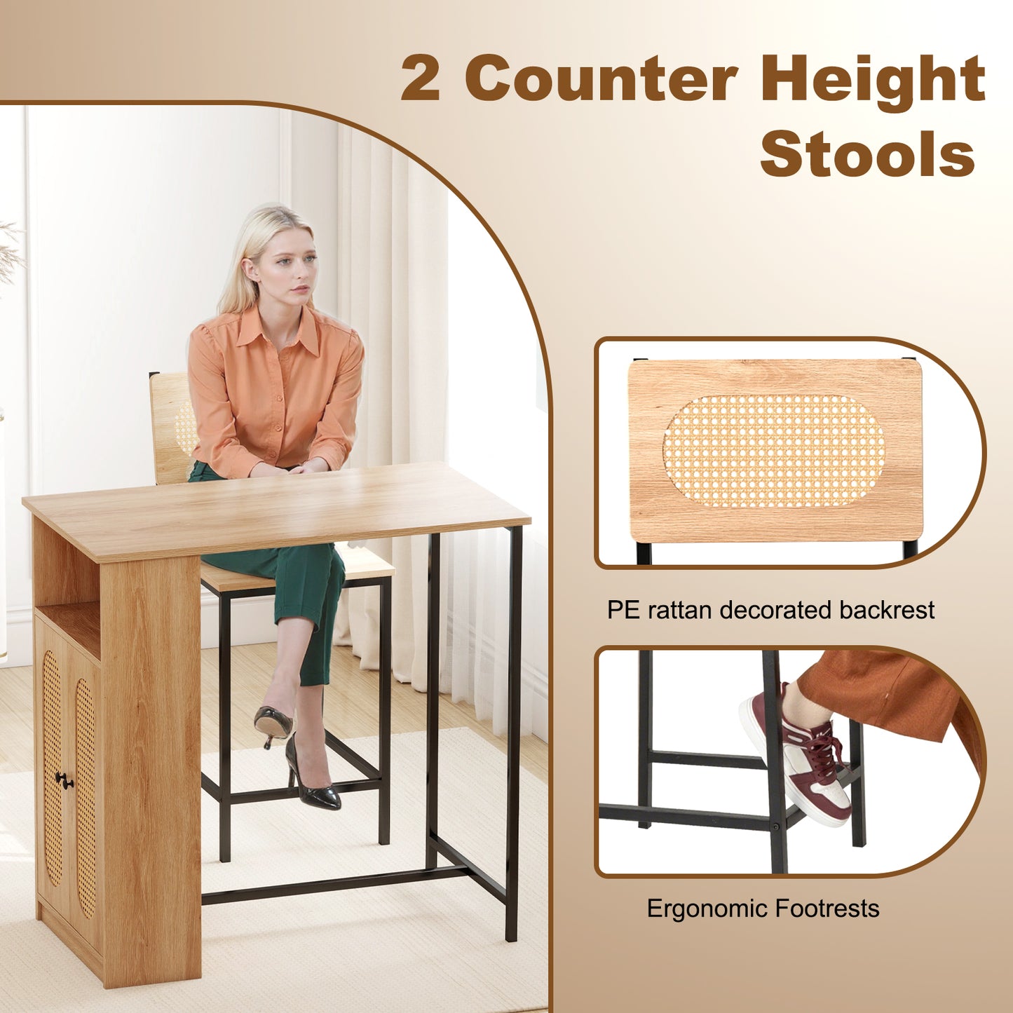 3-Piece Bar Table and Chairs Set with Storage Shelves and Footrests, Natural Dining Room Sets at Gallery Canada