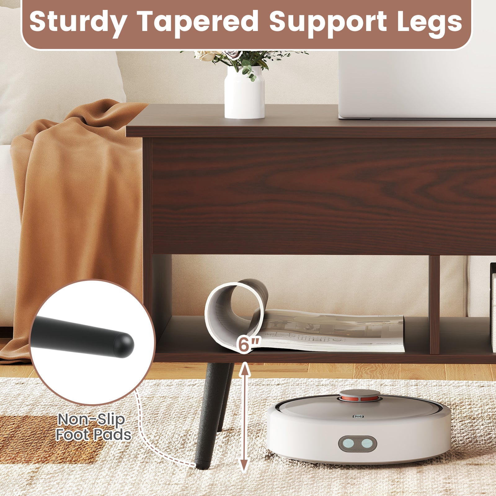 31.5 Inch Lift-Top Coffee Table with Hidden Storage and 2 Open Shelves, Brown Living Room at Gallery Canada