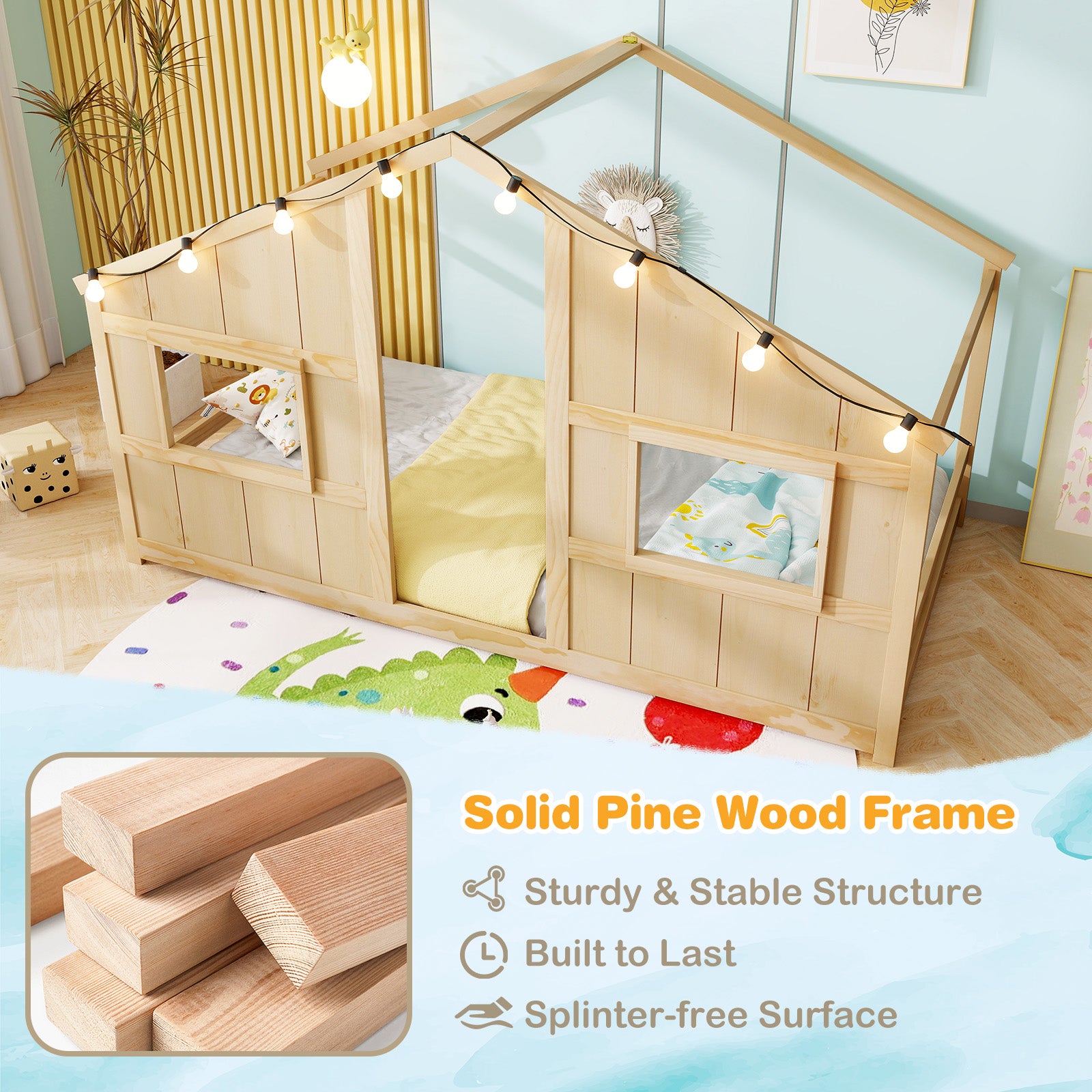 Twin Size House Bed with LED Lights Montessori Slat-free Floor Bed, Natural Toddler Beds at Gallery Canada