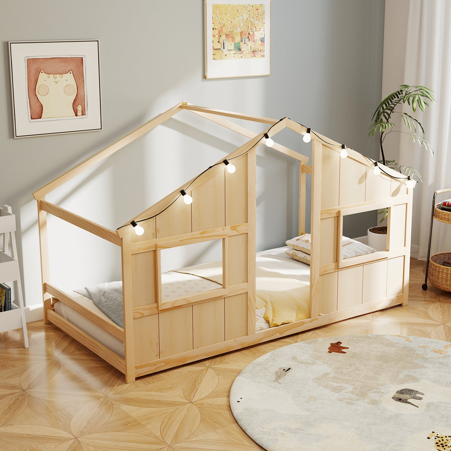 Twin Size House Bed with LED Lights Montessori Slat-free Floor Bed, Natural Toddler Beds at Gallery Canada