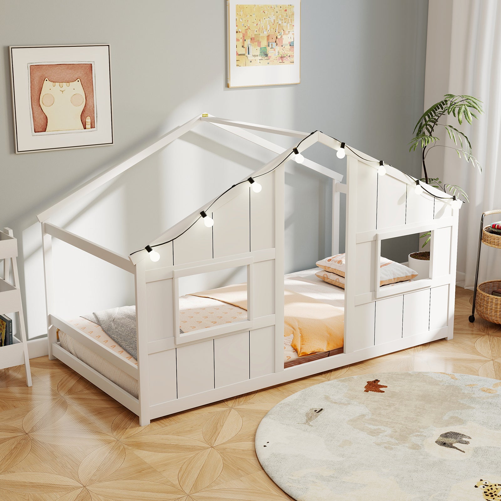 Twin Size House Bed with LED Lights Montessori Slat-free Floor Bed, White Toddler Beds at Gallery Canada