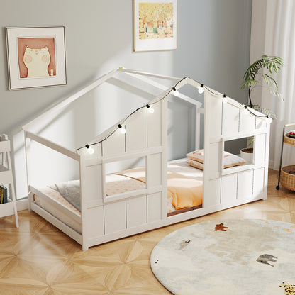Twin Size House Bed with LED Lights Montessori Slat-free Floor Bed, White Toddler Beds at Gallery Canada